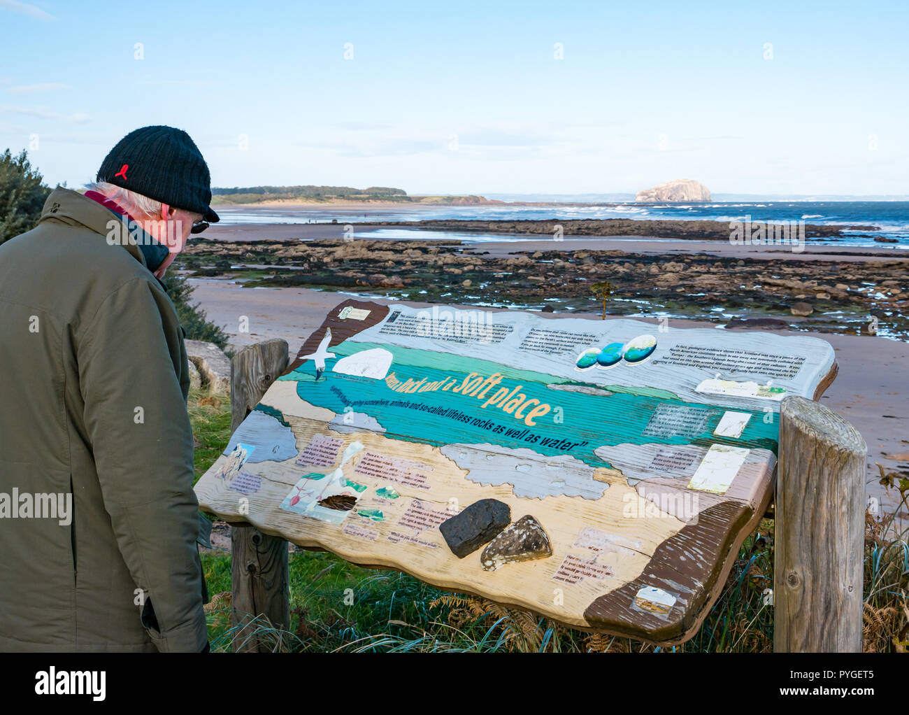 Tyninghame, East Lothian, Ecosse, Royaume-Uni, 28 octobre 2018. Météo France : l'automne froid soleil sur la côte Est de l'Écossais. Un homme plus âgé, lit l'information au sujet de la géologie locale sur la plage chemin des sables bitumineux à Ravensheugh avec Bass Rock illuminé par le soleil à l'horizon Banque D'Images