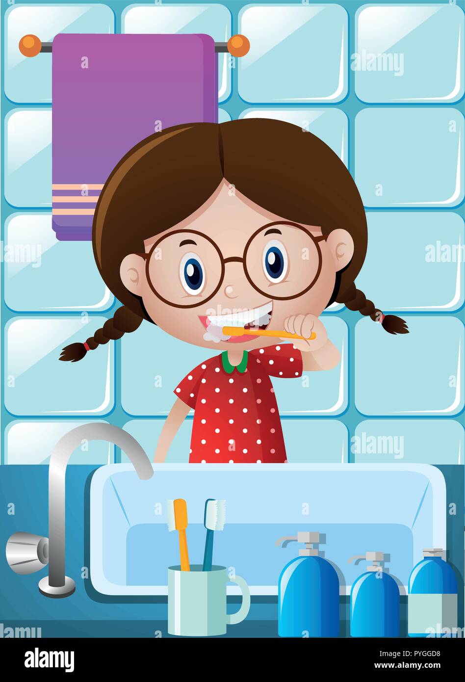 Petite fille se brosser les dents dans la salle de bains illustration Illustration de Vecteur