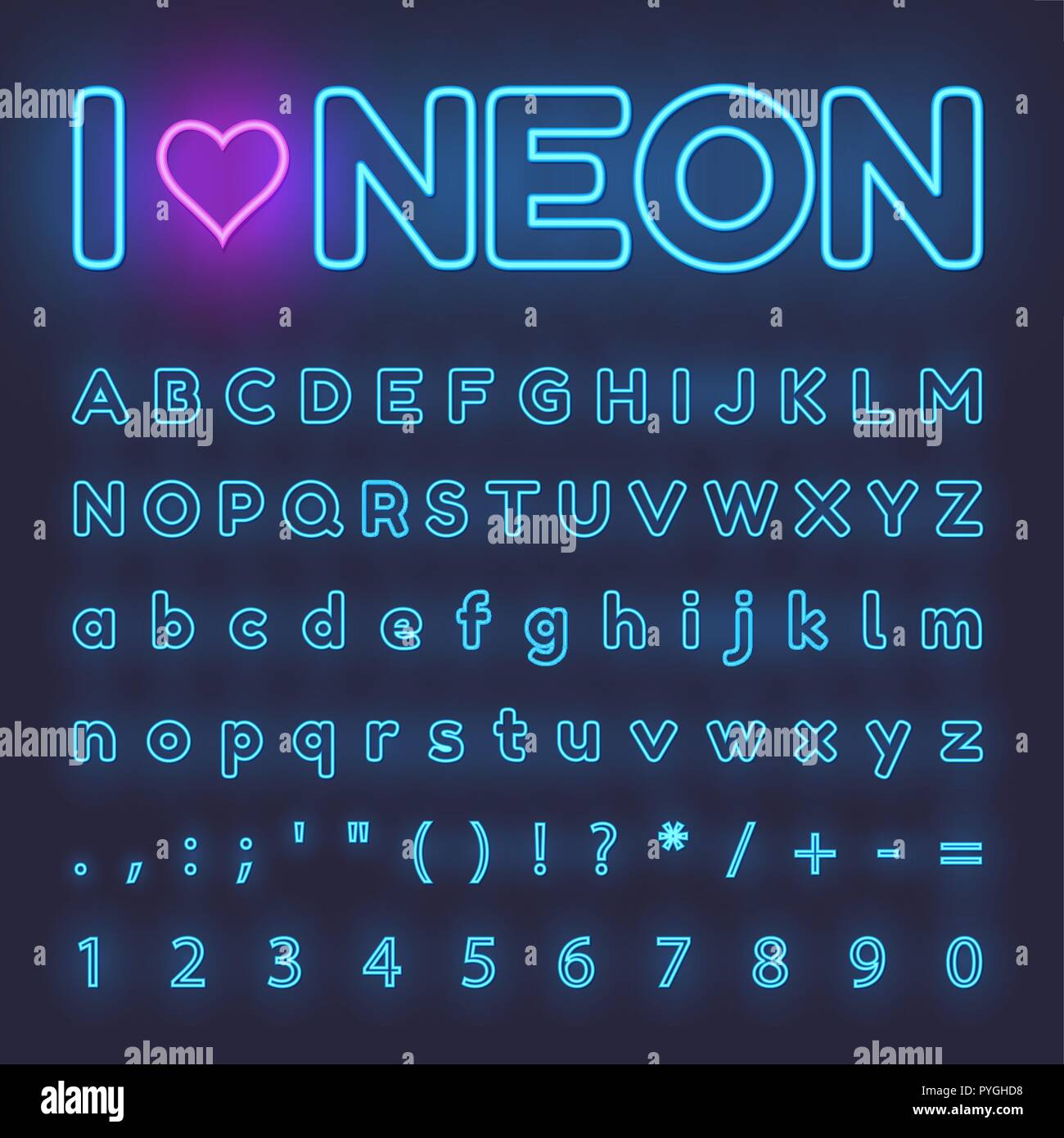 Alphabet au néon. Des lettres, des symboles, des chiffres Illustration de Vecteur