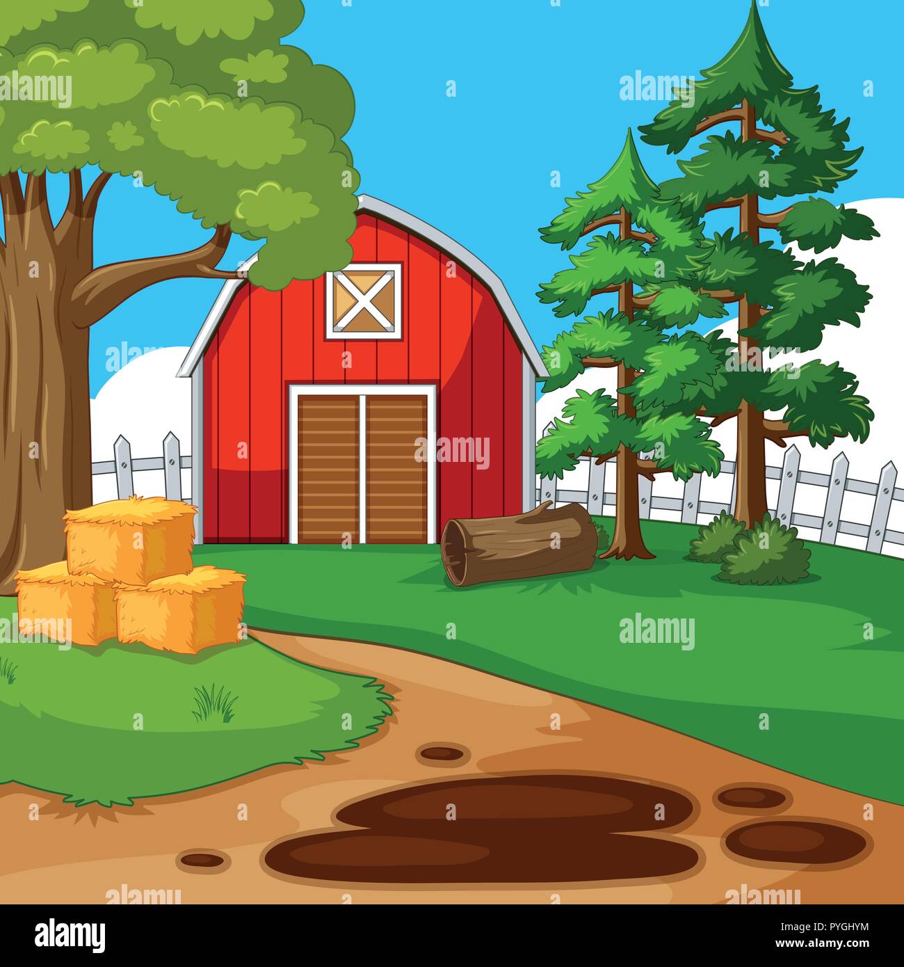 Scène de ferme avec grange et arbres illustration Illustration de Vecteur