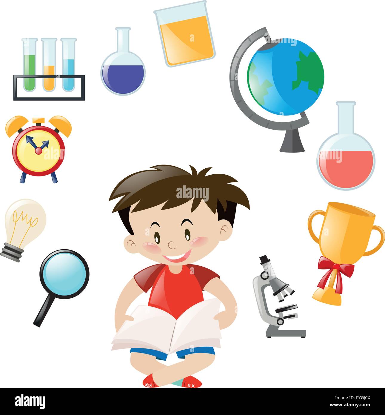 Cute Boy Et Différents Objets De Lécole Illustration - 
