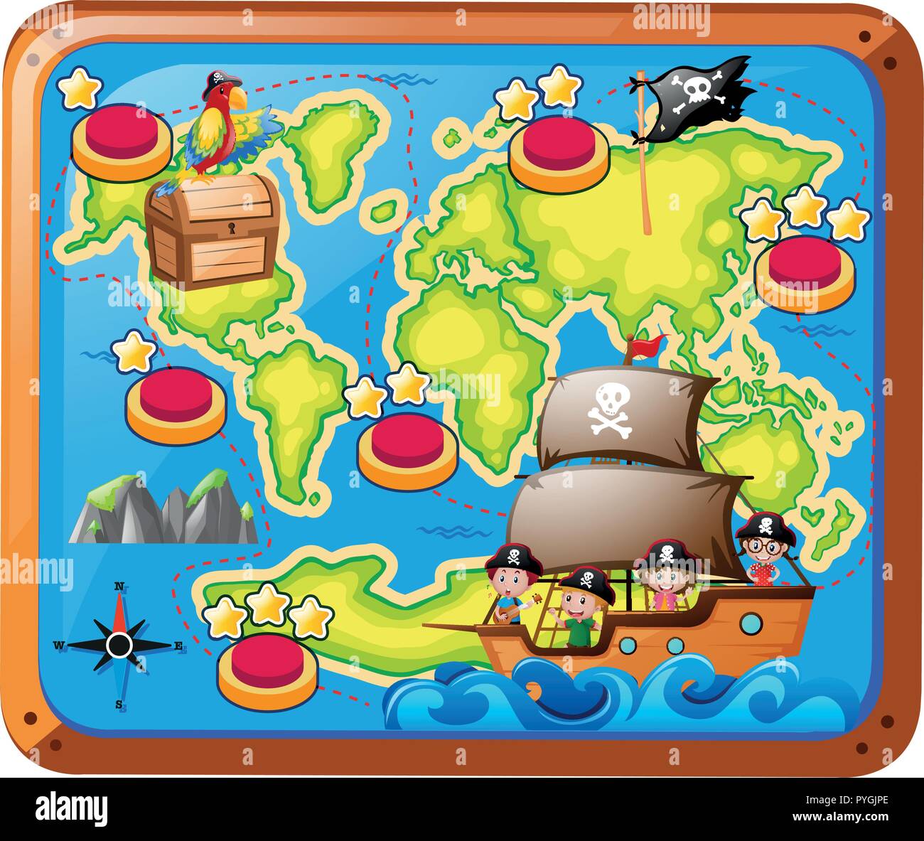 Carte Au Tresor Avec Les Enfants Sur Le Navire Illustration Image Vectorielle Stock Alamy