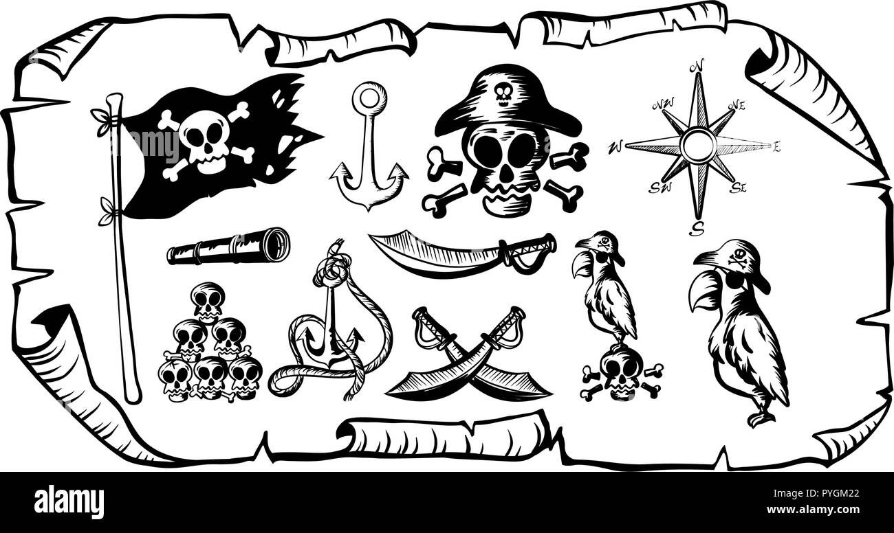 Carte au trésor avec de nombreux symboles pirate illustration Illustration de Vecteur