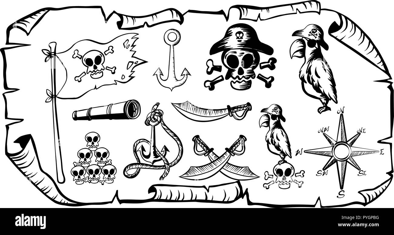 Carte au trésor avec symboles pirate illustration Illustration de Vecteur