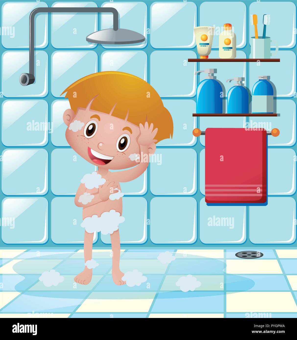 Garçon prendre douche dans la salle de bains illustration Image