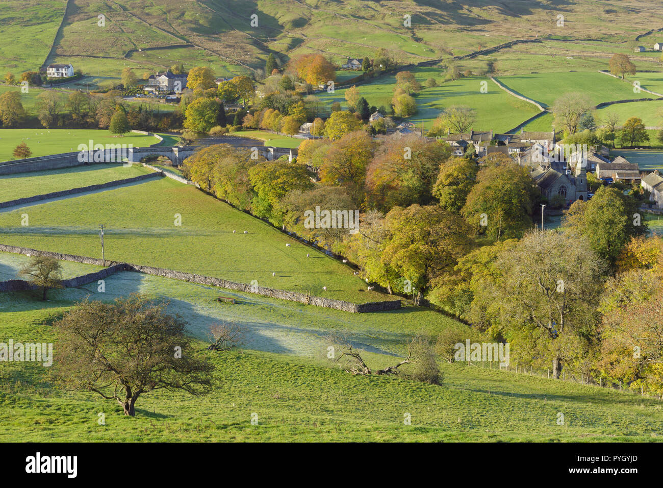 Vue sur la rivière Wharfe en fond de vallée, Tonbridge, Wharfedale, Yorkshire, Angleterre, octobre Banque D'Images