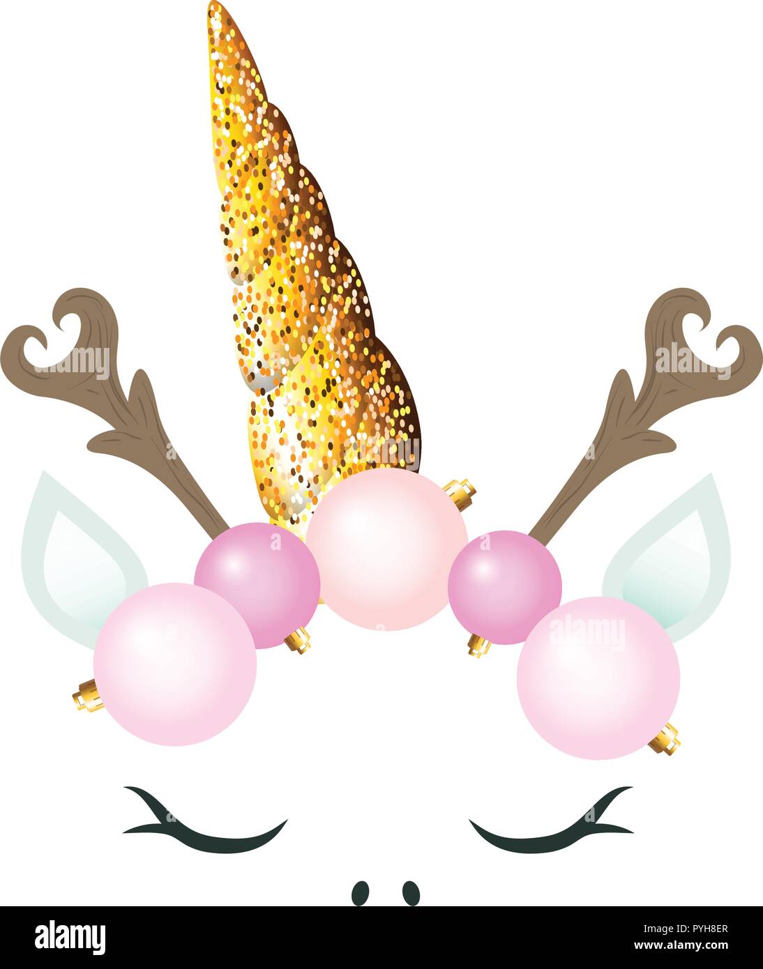 Unicorn mignon avec décoration de Noël - boules rose glitter et corne corne de renne comme branches Illustration de Vecteur