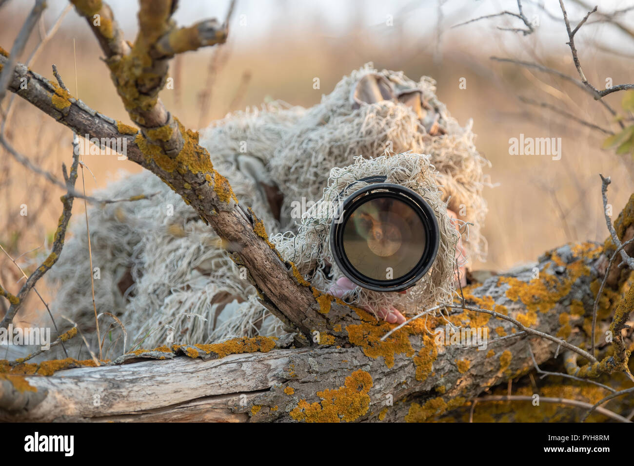 Photographe de la faune dans le camouflage ghillie suit working in the wild Banque D'Images