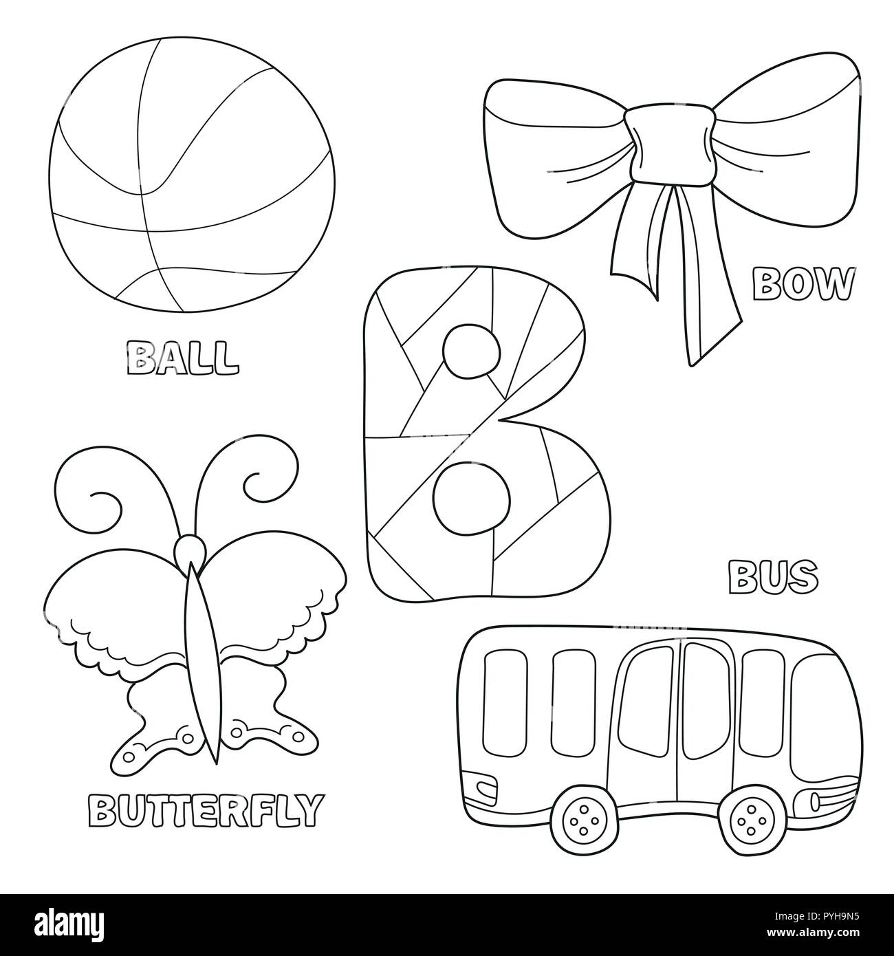 Alphabet Kids Coloring Book page avec énoncés clip arts de la couleur. Lettre B Illustration de Vecteur