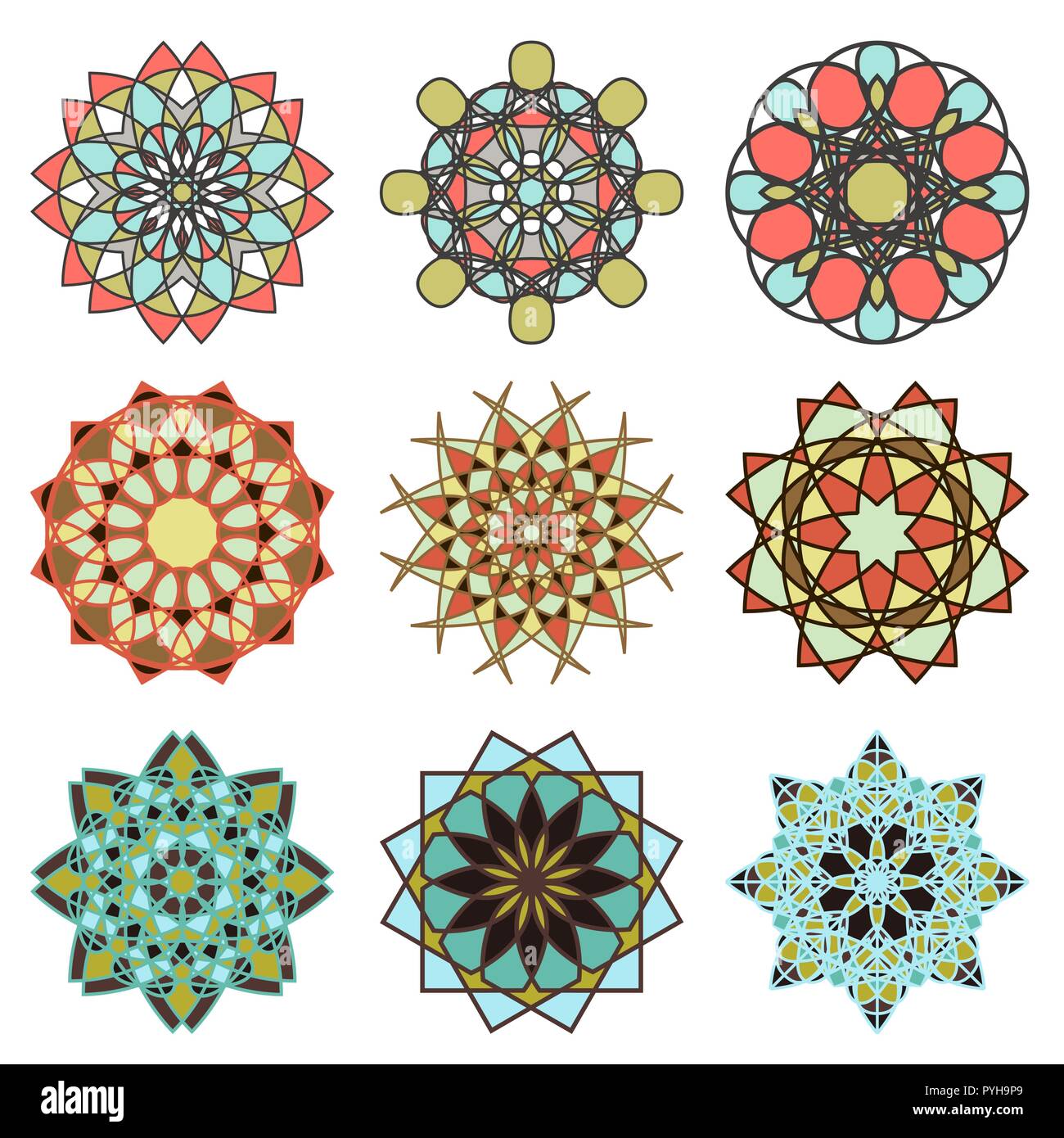 Ensemble de six abstract multicolor mandala isolé sur le fond blanc, dessin à la main vector illustration Illustration de Vecteur