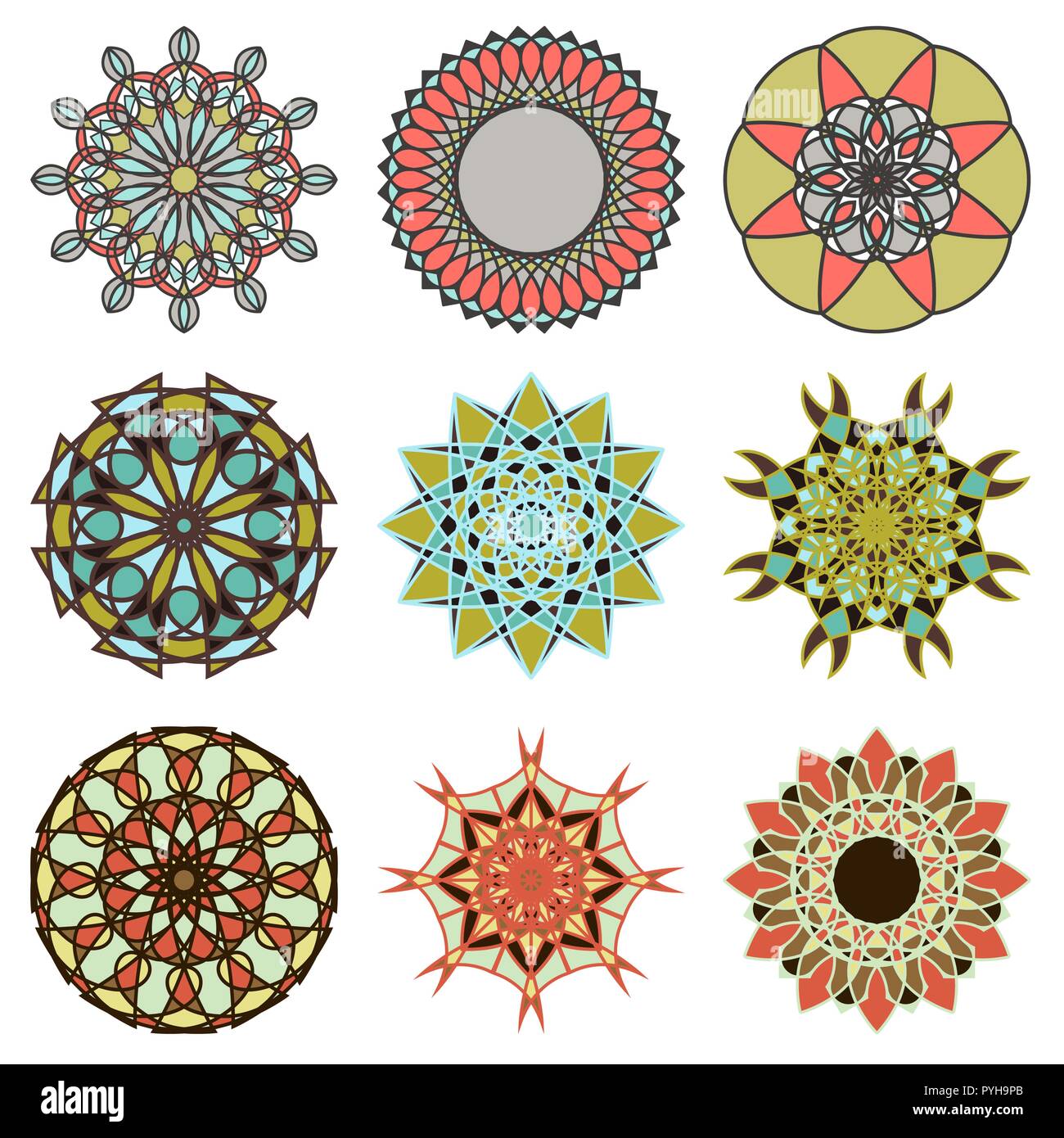 Ensemble de six colorés décoratifs abstraits mandala isolé sur le fond blanc, dessin à la main vector illustration Illustration de Vecteur
