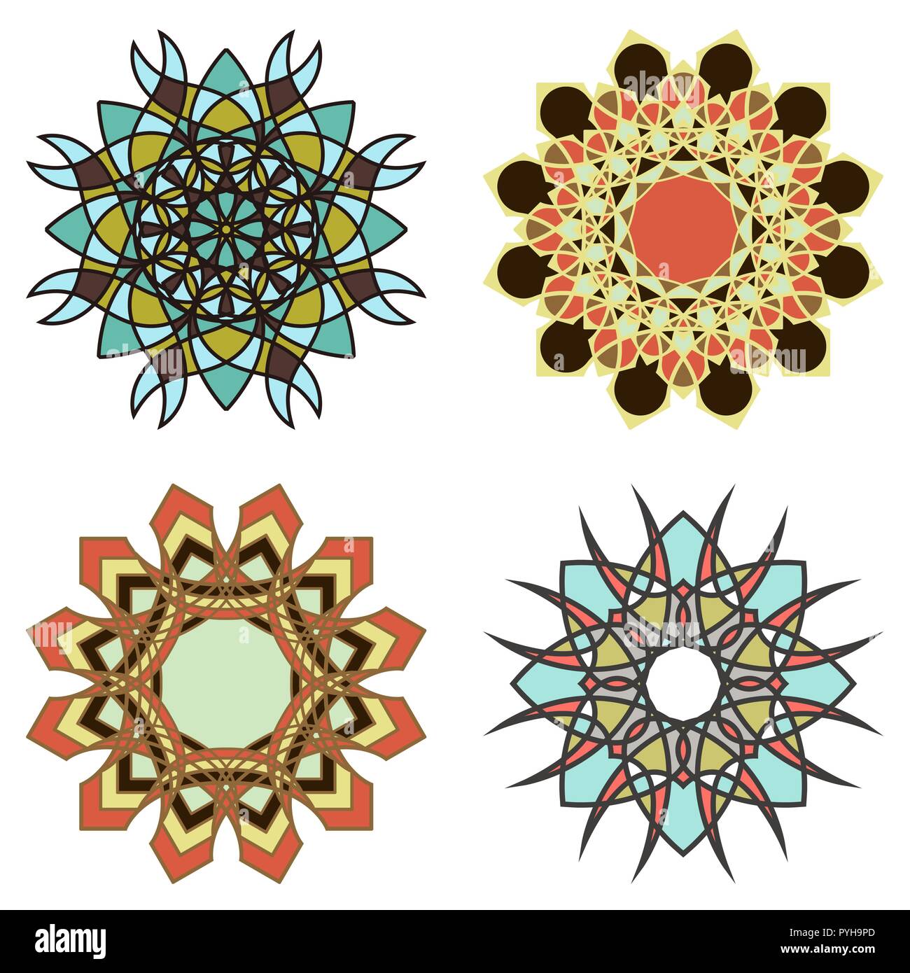 Ensemble de quatre abstract multicolor mandala isolé sur le fond blanc, dessin à la main vector illustration Illustration de Vecteur