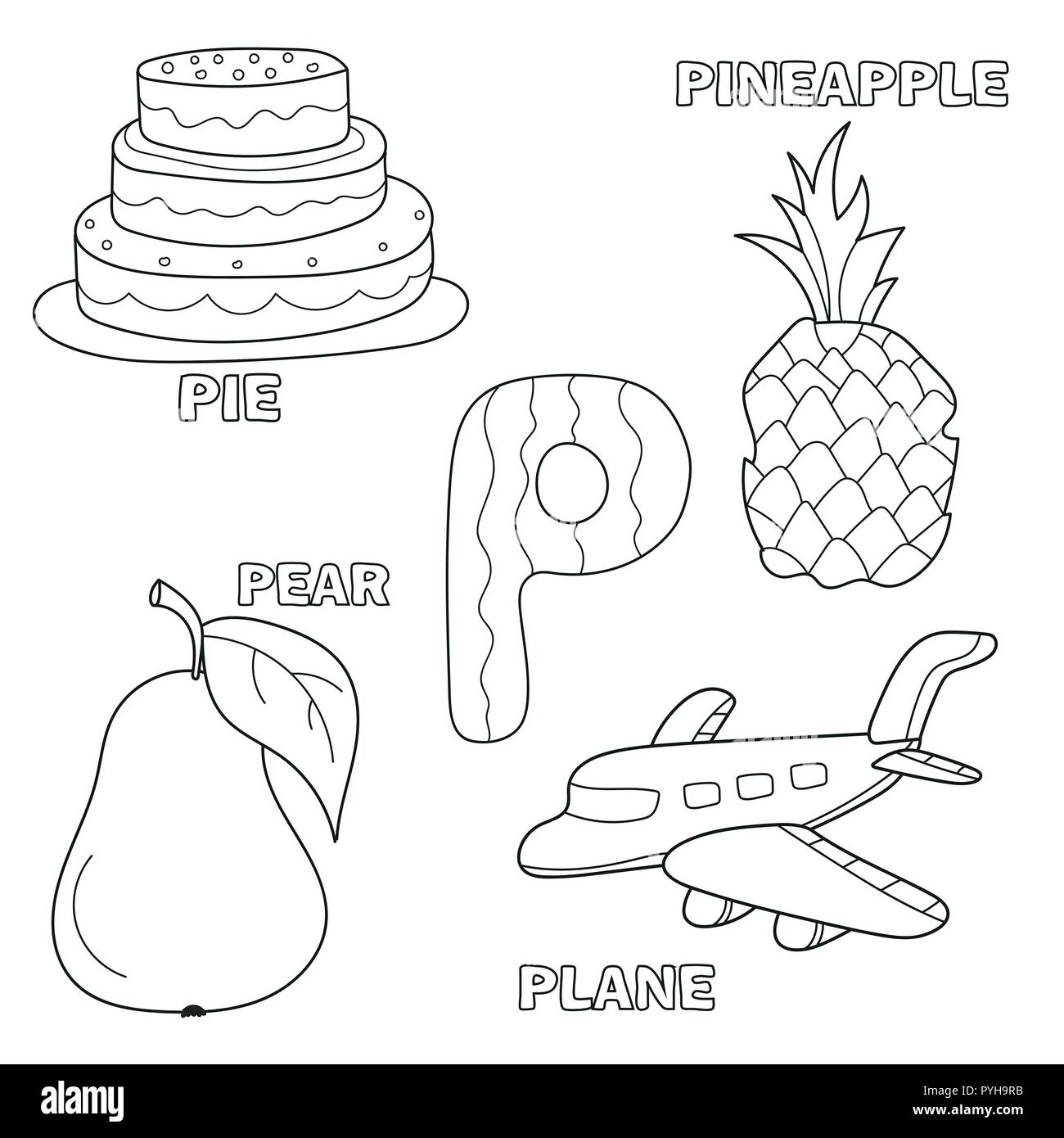 Alphabet Kids Coloring Book page avec clip arts. décrit Lettre P Illustration de Vecteur