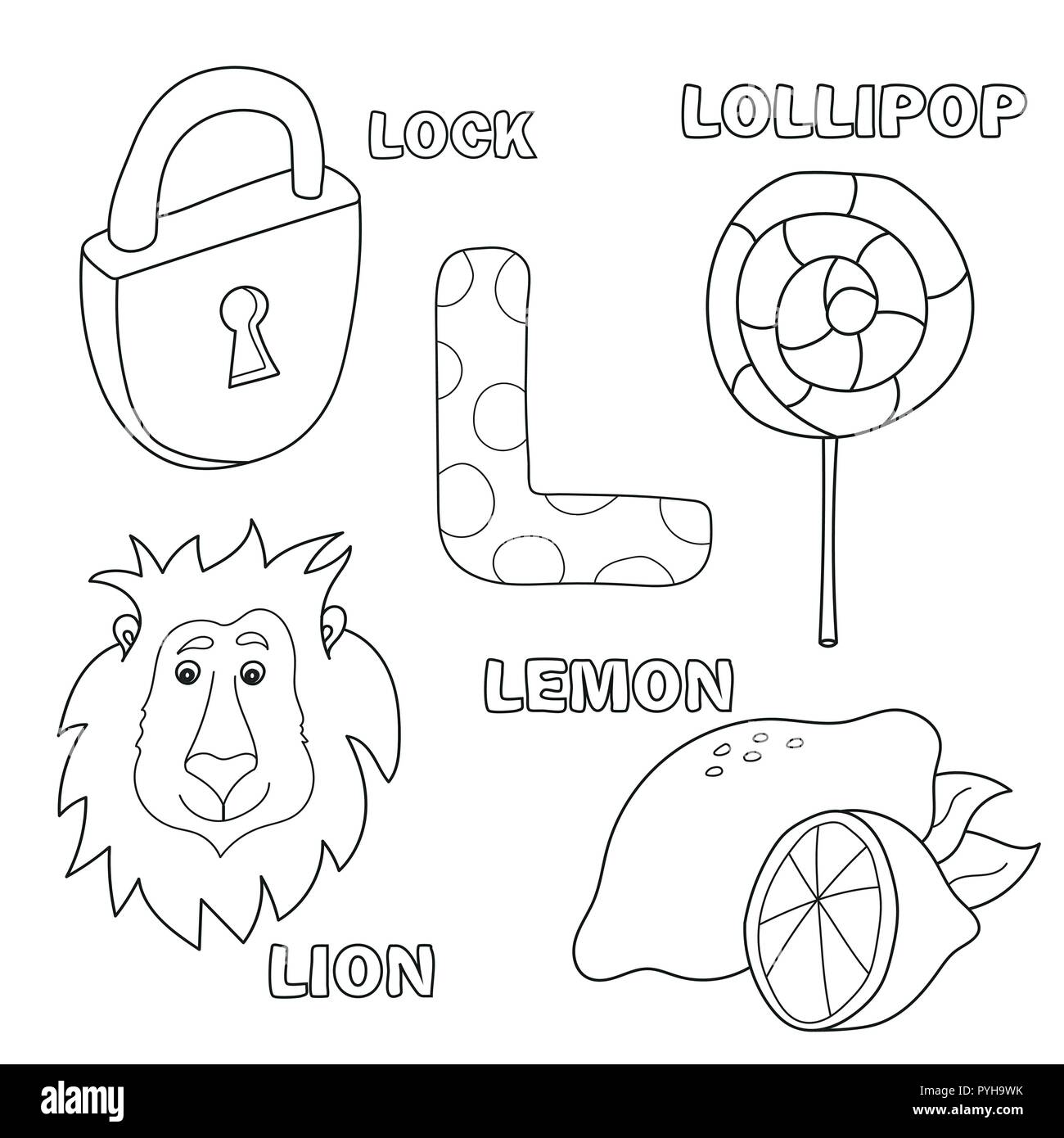 Lettre de l'alphabet avec les lettres de l'alphabet L. photos de la lettre - Coloring Book Illustration de Vecteur