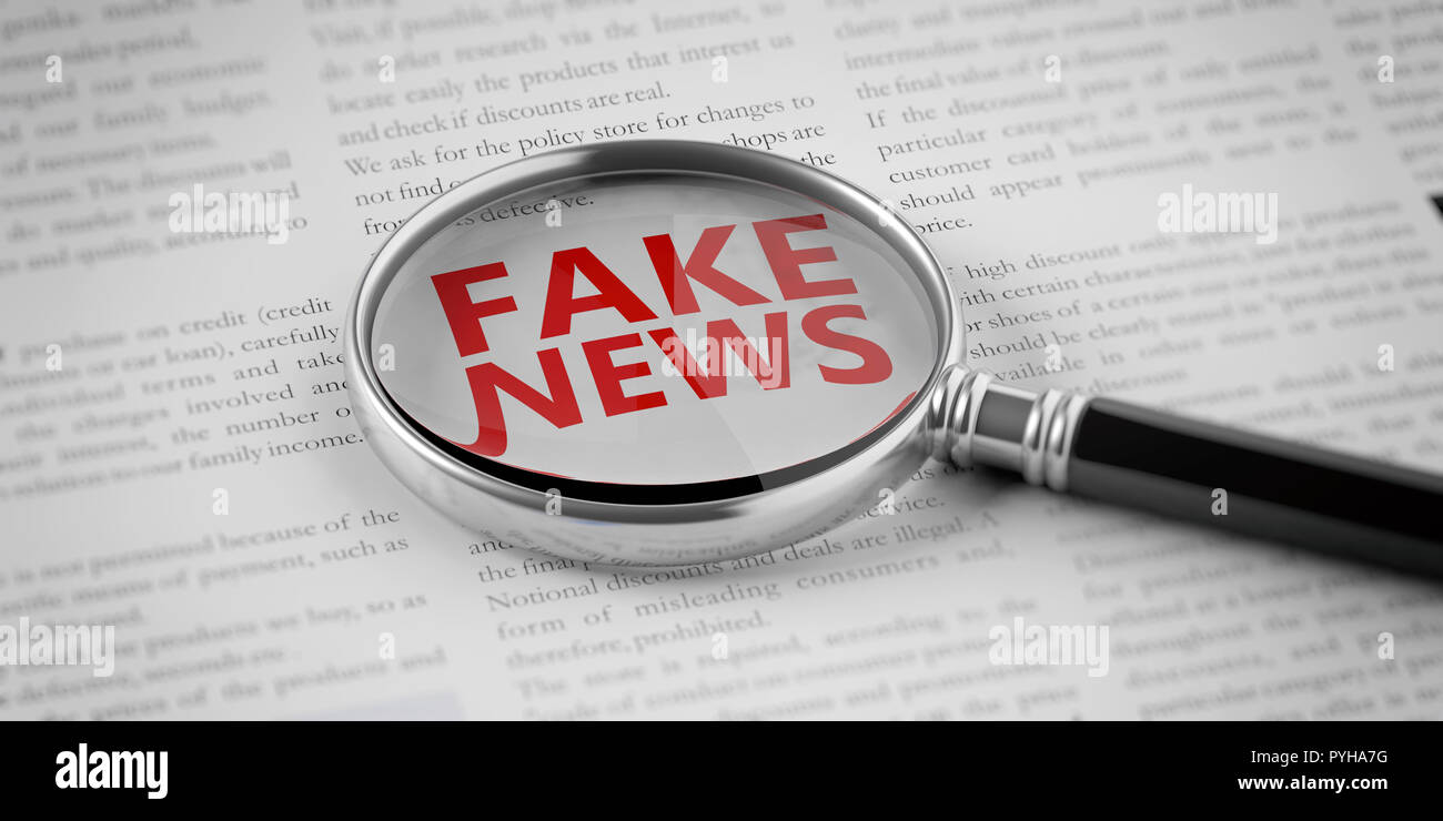 Loupe et Fake news texte rouge sur un journal. 3d illustration Banque D'Images