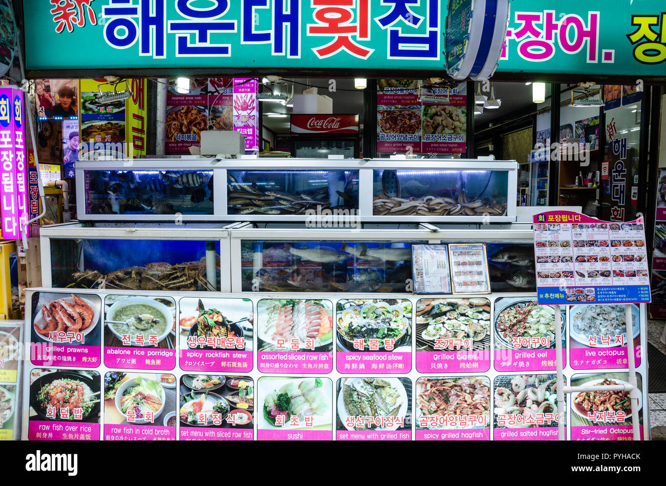 Les réservoirs de poissons et fruits de mer frais plein de poissons et de crustacés vivant à l'extérieur d'un restaurant à Haeundae de Busan, en Corée du Sud. Banque D'Images