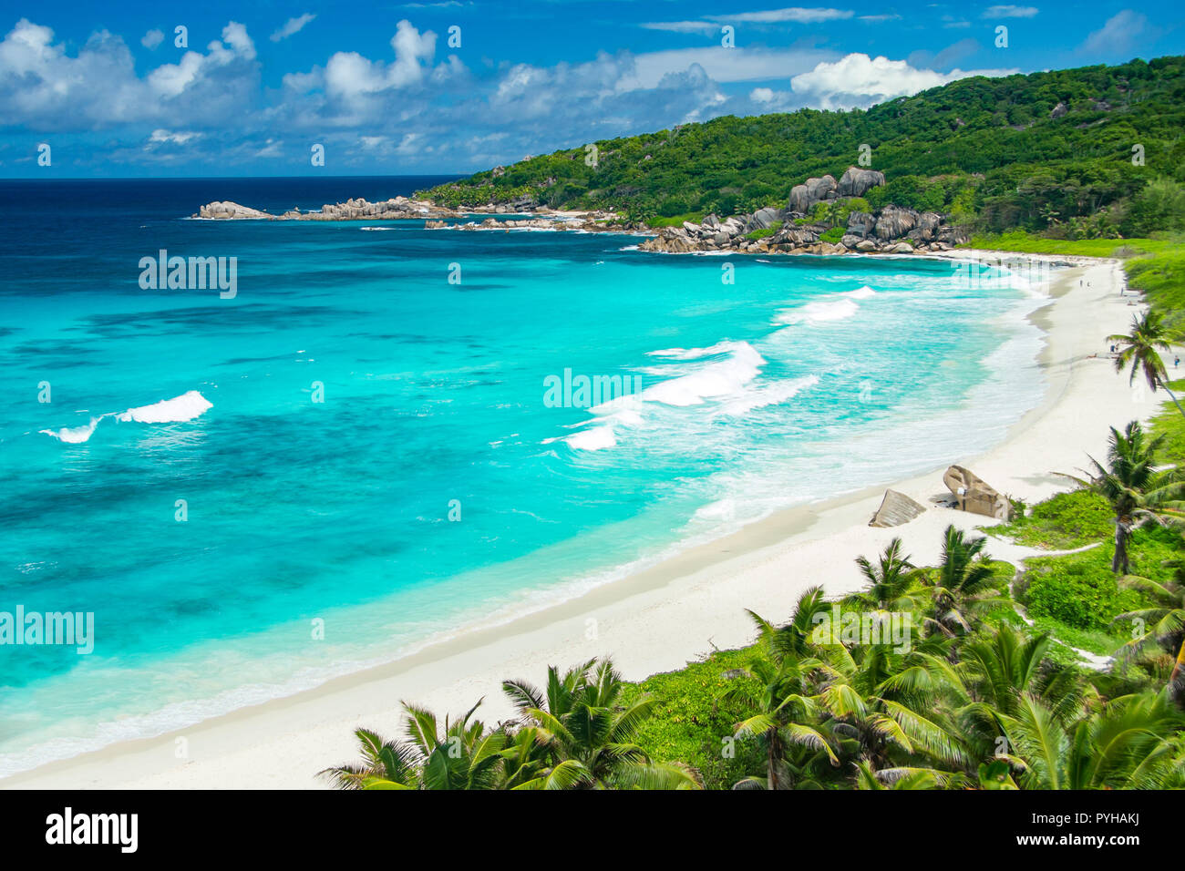 Vue imprenable sur la Grande Anse beach situé sur l'île de La Digue, Seychelles Banque D'Images