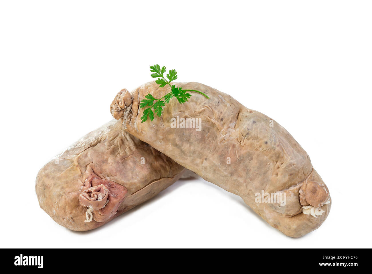 L'andouillette : saucisse de porc typique français à partir de l'intestin sur fond blanc Banque D'Images