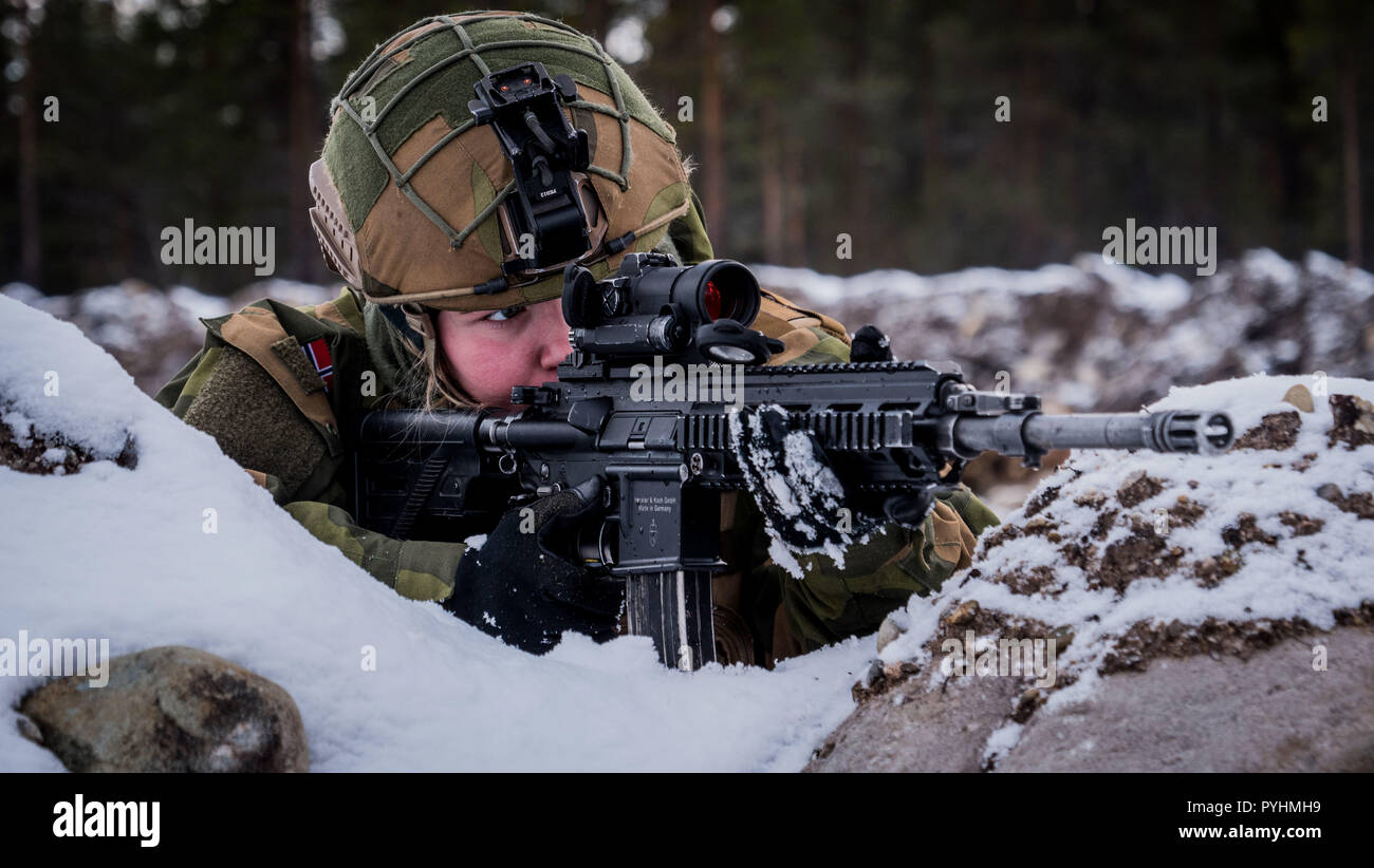 Un soldat norvégien vise près de Røros, la Norvège pendant 18 Stade Trident. Stade 18 Trident est le plus grand exercice de l'OTAN depuis des décennies, réunissant plus de 50 000 militaires de 31 l'OTAN et les pays partenaires. L'exercice a lieu en Norvège. Photo par l'OTAN Banque D'Images