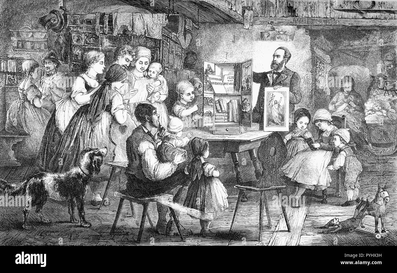 La vie de famille, vendeur de porte à porte, la vente de bibles et d'objets religieux, vintage cartoon Banque D'Images