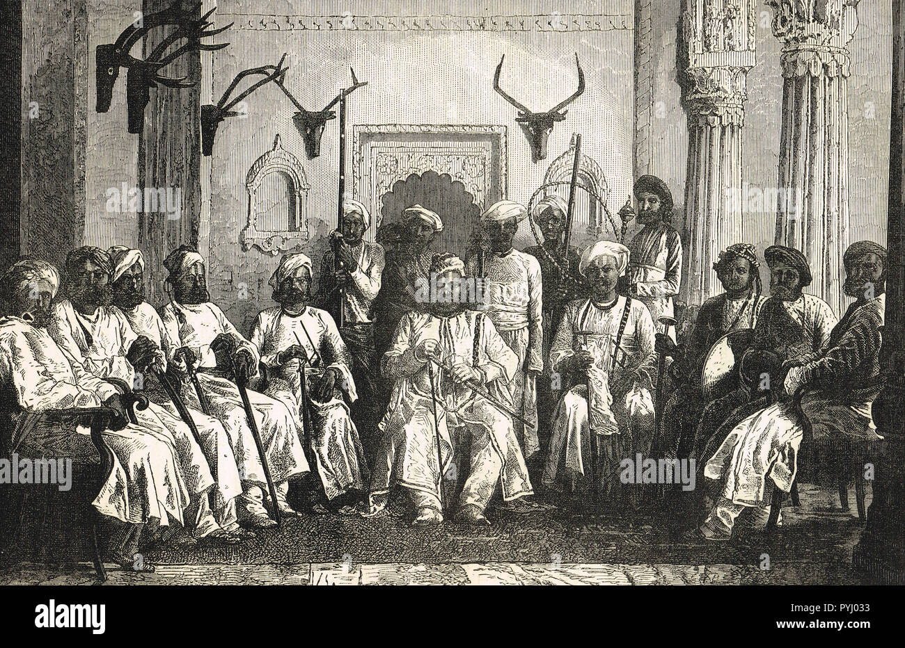 Maharajah de Rewah, l'Inde, et sa cour Banque D'Images