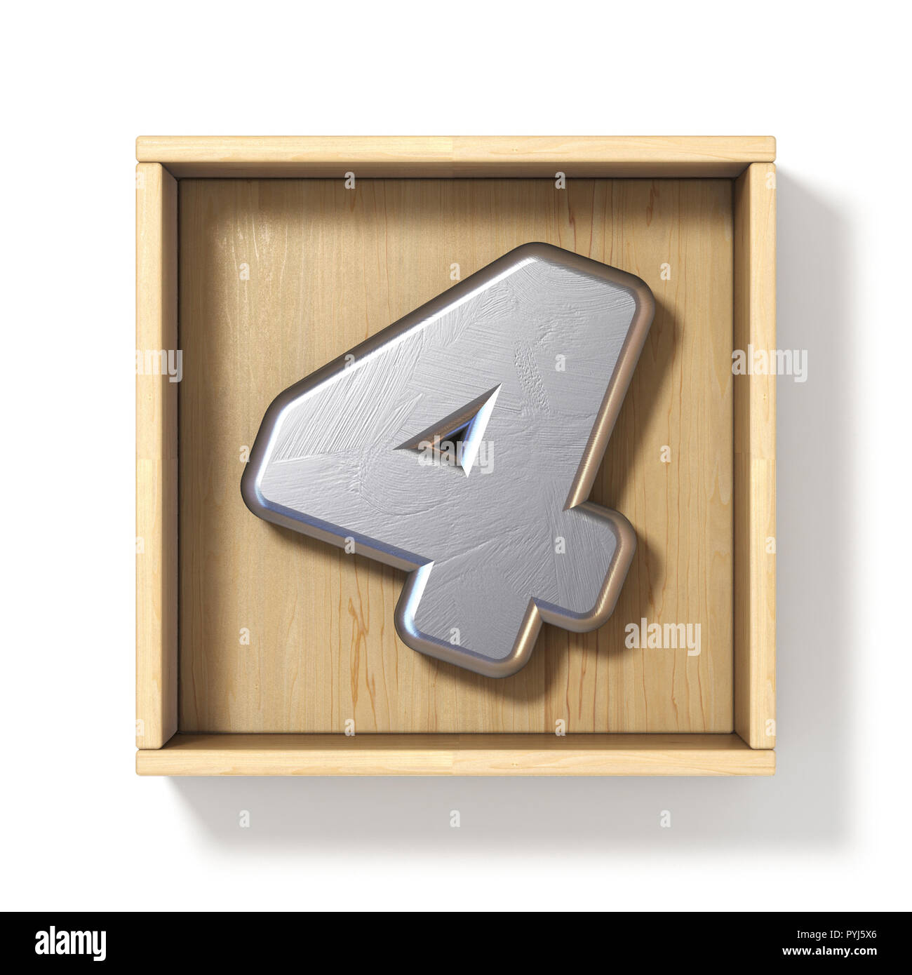Numéro de métal de l'argent 4 4 coffret en bois 3D render illustration isolé sur fond blanc Banque D'Images