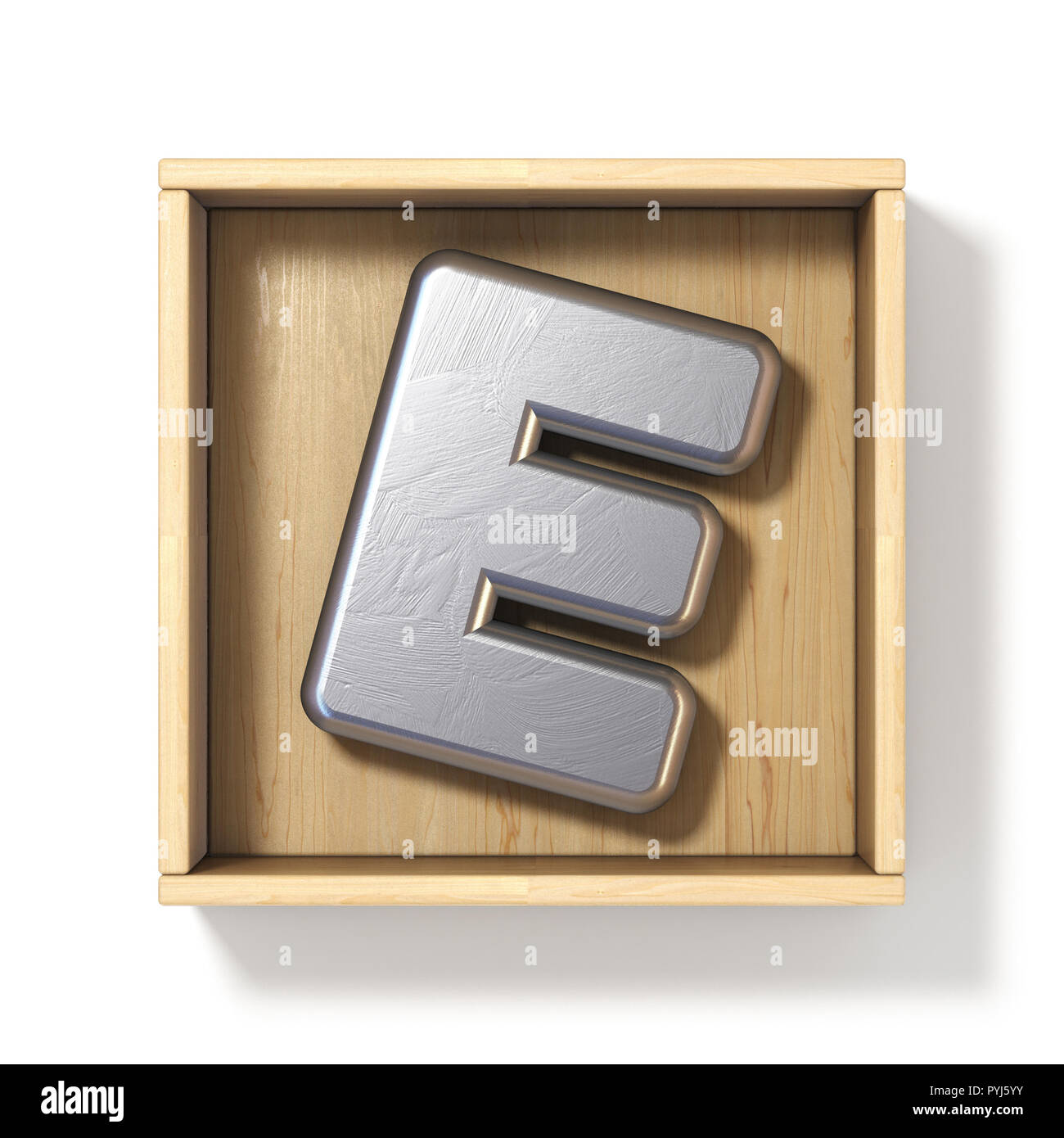 Lettre E en métal argenté dans un coffret en bois 3D render illustration isolé sur fond blanc Banque D'Images