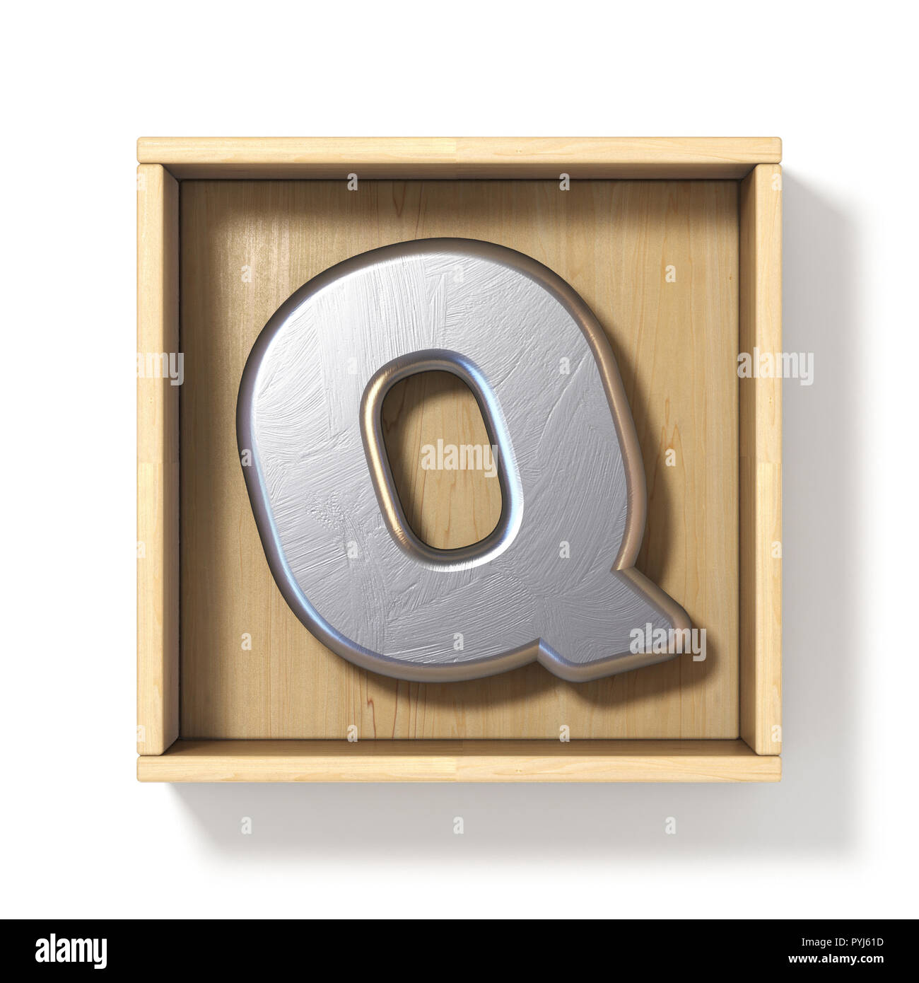 Silver metal lettre Q en boîte bois rendu 3D illustration isolé sur fond blanc Banque D'Images