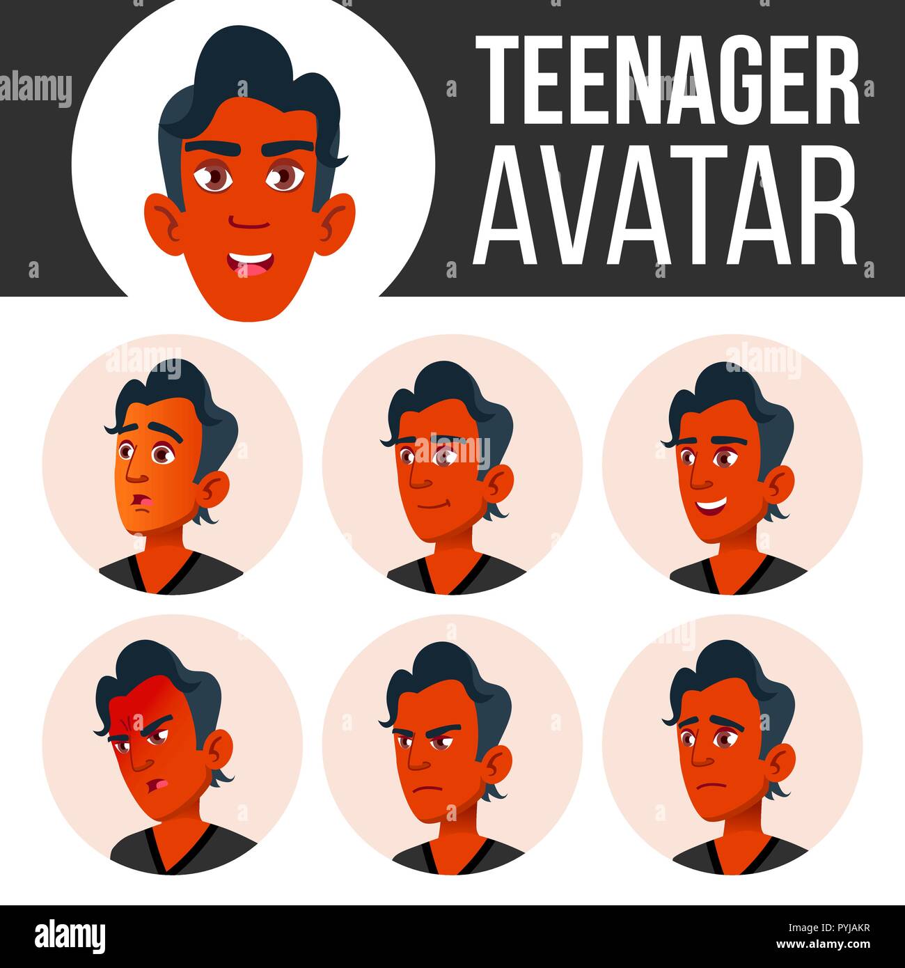 Teen Boy Avatar vecteur. Faire face à ses émotions. Télévision, Portrait. Indien, hindou. Asiatique. Les jeunes, de race blanche. Tête Cartoon Illustration Illustration de Vecteur