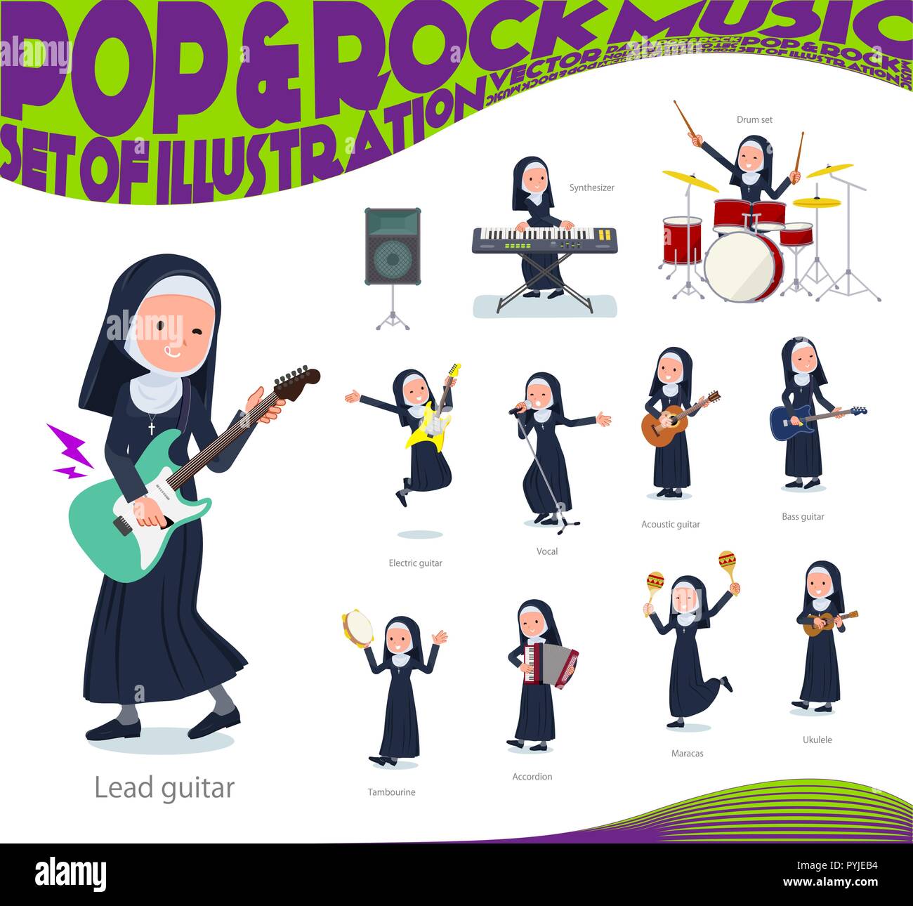 Un ensemble de Nun femmes jouant du rock 'n' roll et la musique pop.Il y a aussi divers instruments tels que l'ukulele et tambourin.Il s'agit d'art vectoriel de sorte qu'il est facile Illustration de Vecteur