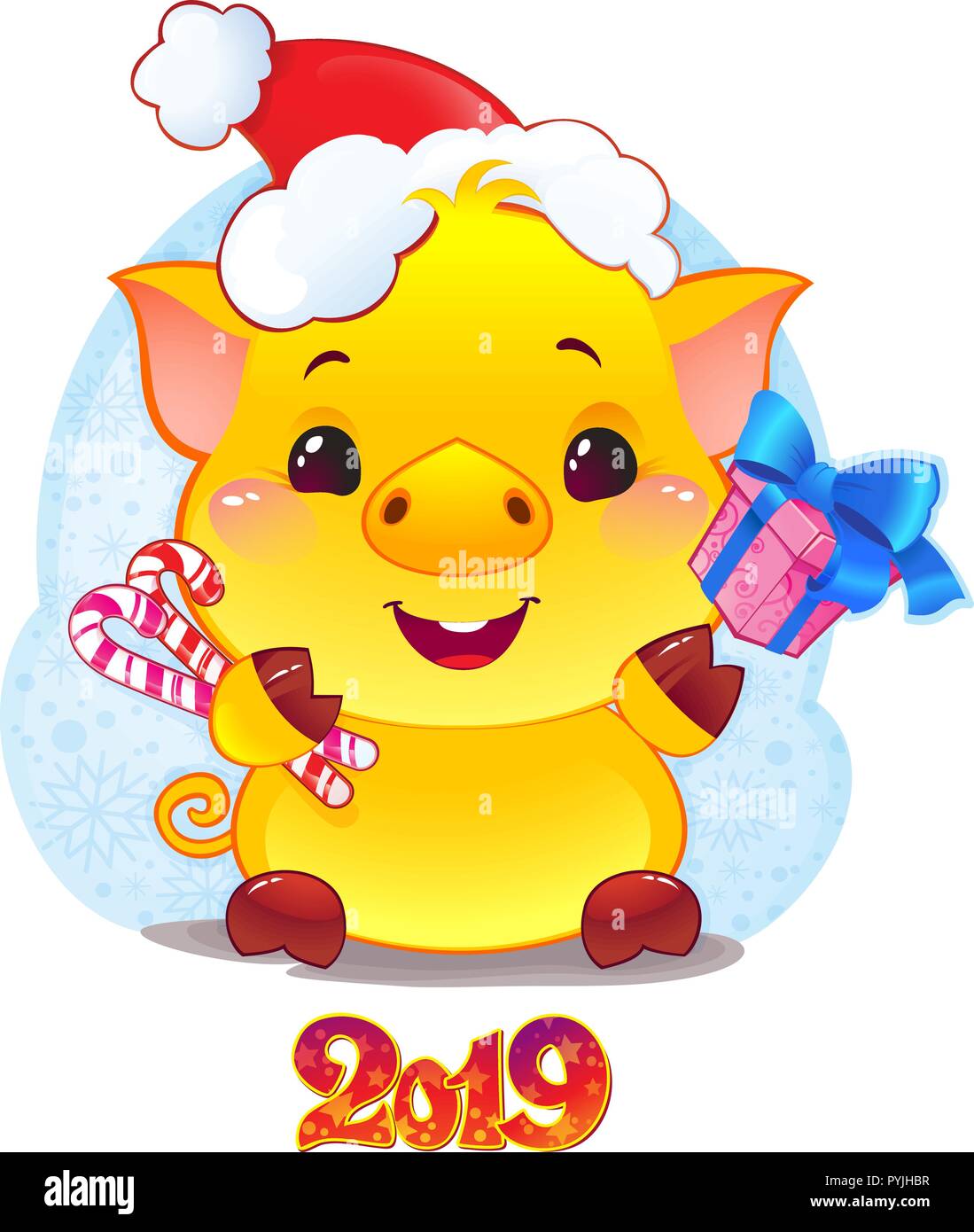 Cochon de terre jaune avec boîte-cadeau pour la nouvelle année 2019. Joli symbole de l'horoscope chinois. Illustration de Vecteur