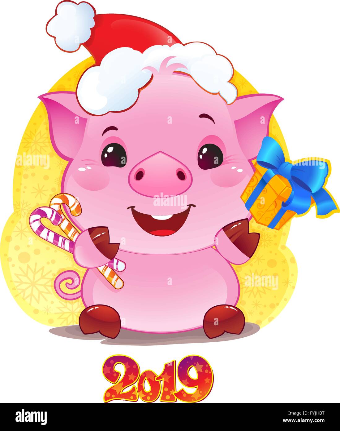 Porc avec boîte-cadeau pour la nouvelle année 2019. Joli symbole de l'horoscope chinois. Illustration de Vecteur