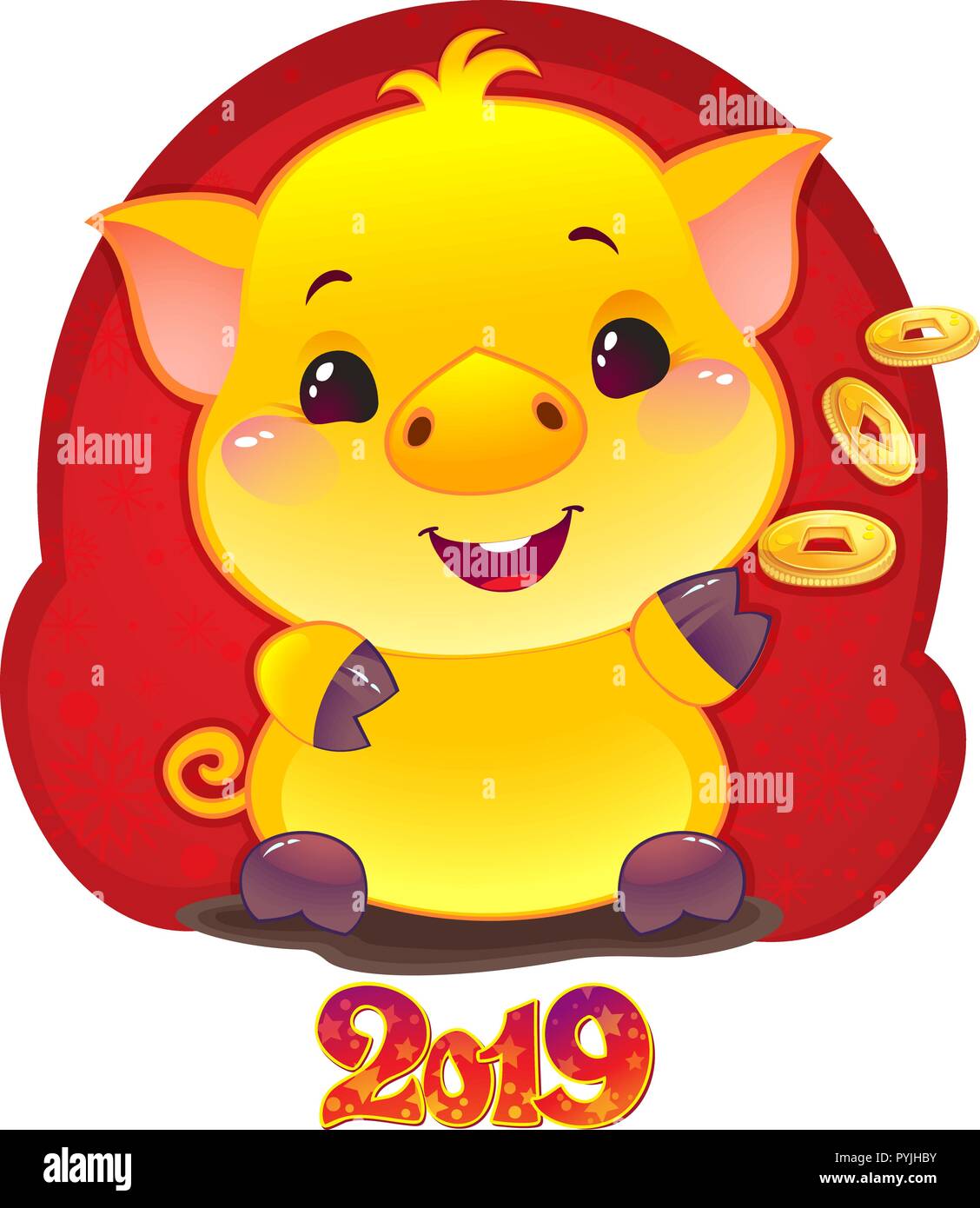 Cochon de terre jaune avec des pièces d'or pour la nouvelle année 2019. Joli symbole de l'horoscope chinois. Illustration de Vecteur