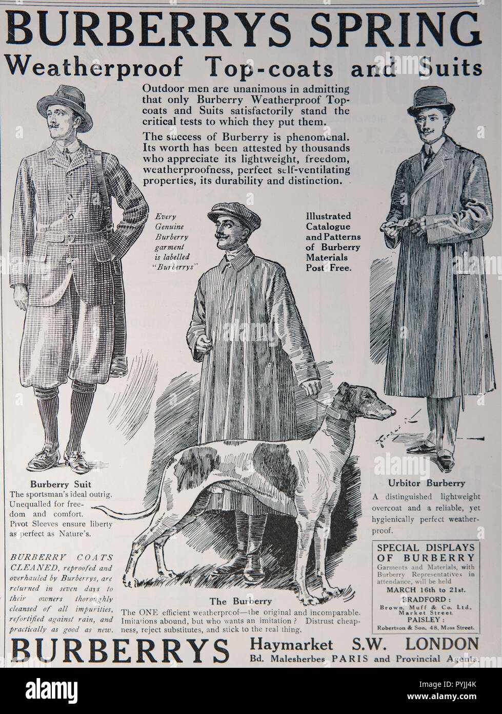 Ancienne publicité pour les vêtements de printemps de Burberry. À partir d'un magazine anglais de la période 1914-1918. England UK GO Banque D'Images