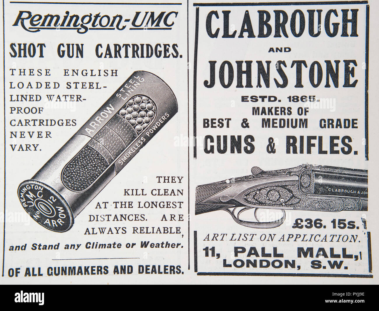 Vieilles publicités pour des cartouches de fusil Remington et Clabrough et Johnstone et fusils. À partir d'un magazine anglais de la période 1914-1918. Angleterre U Banque D'Images