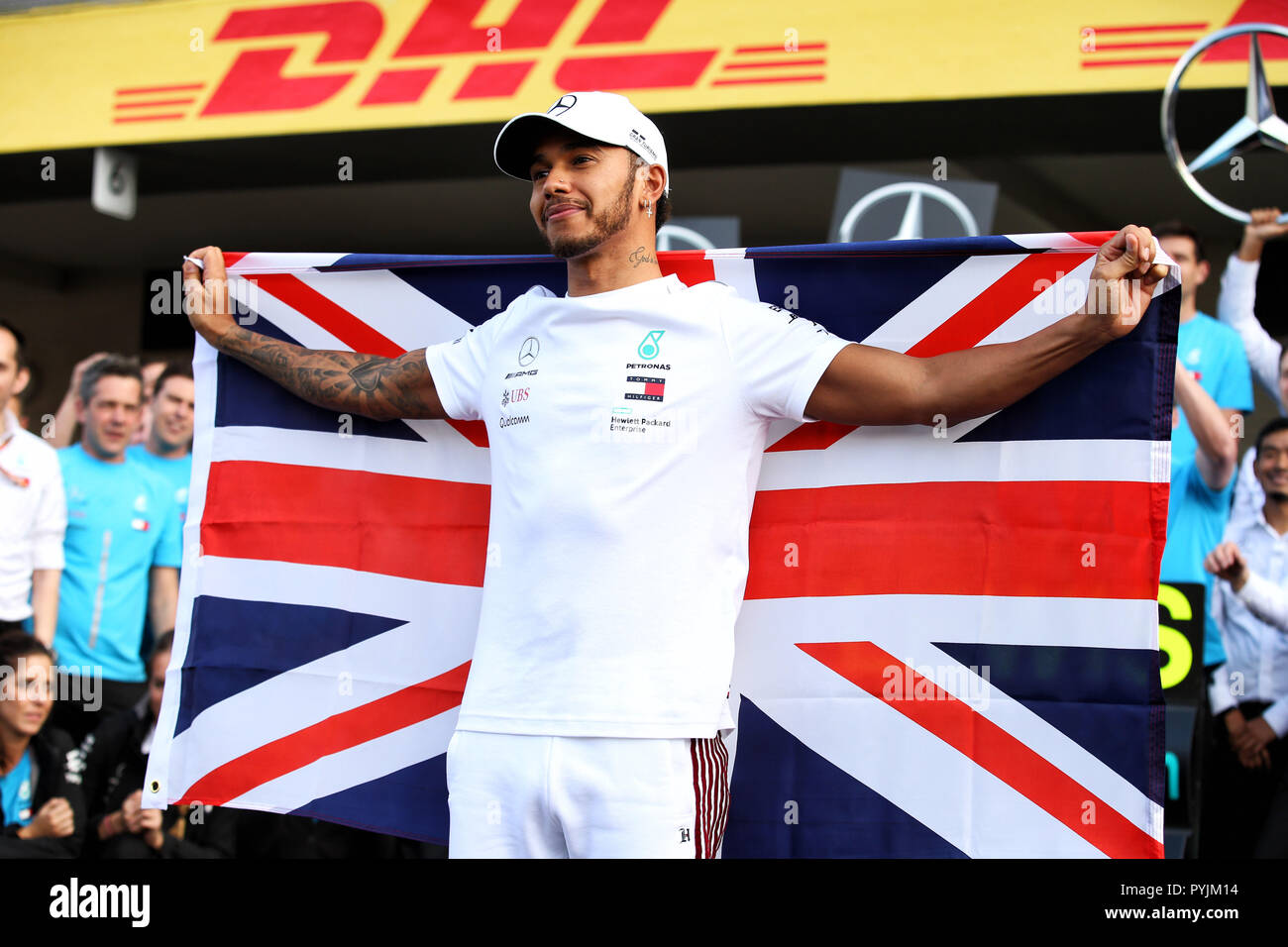 Mercedes Lewis Hamilton célèbre remportant le championnat des pilotes de Formule 1 au cours de la Grand Prix 2018 Le Mexique à l'Autodromo Hermanos Rodriguez à Mexico. Banque D'Images