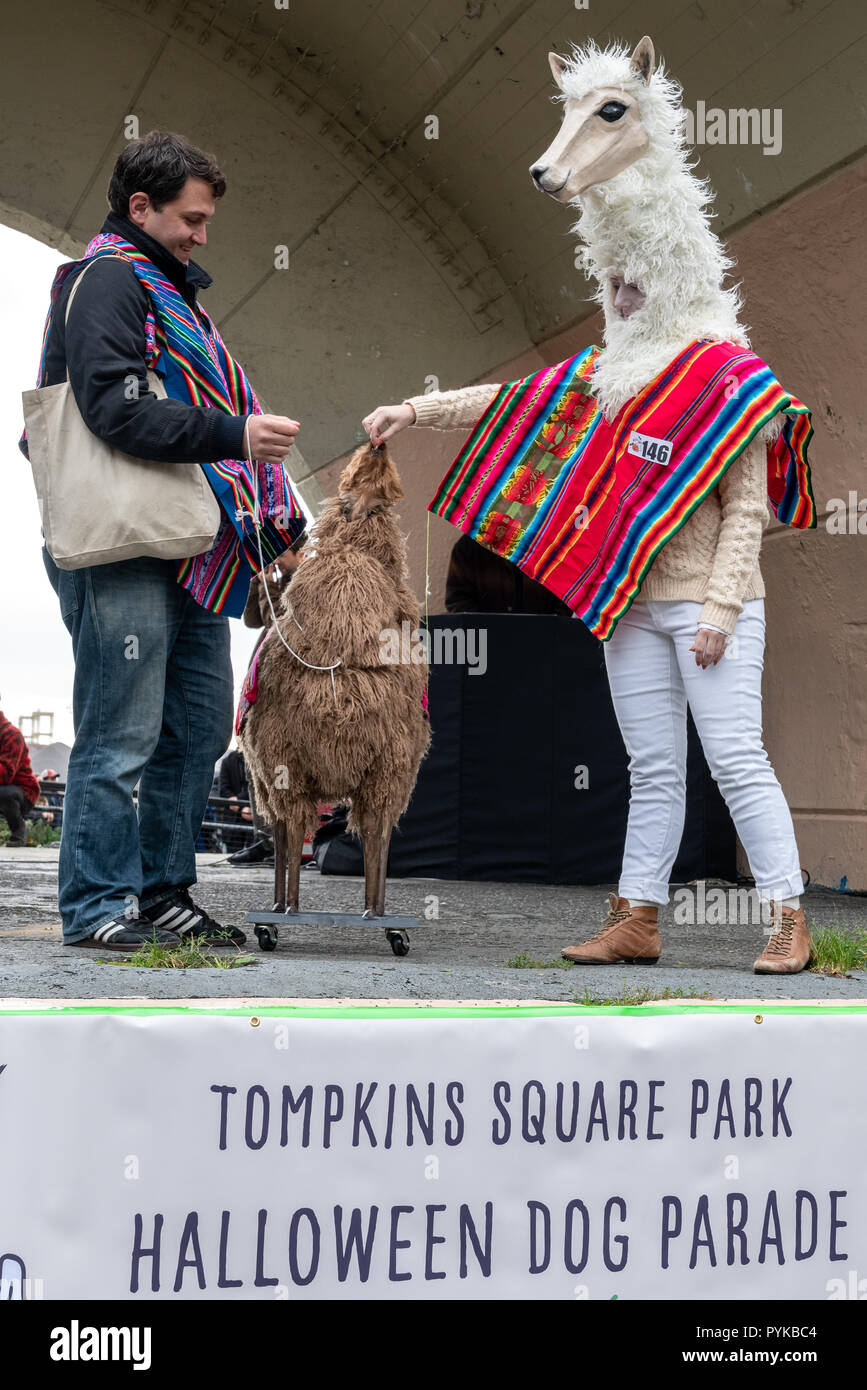 New York, USA, 28 octobre 2018. Un petit chien à un costume de lama est  alimenté par ses propriétaires - aussi en déguisement de lama- comme ils  participent à la 28e assemblée