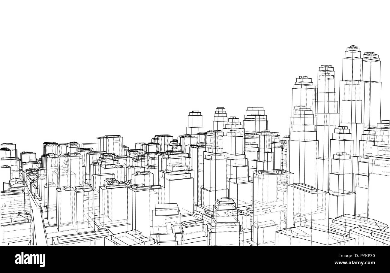 Ville en fil de fer, Blueprint Style. Vector Illustration de Vecteur