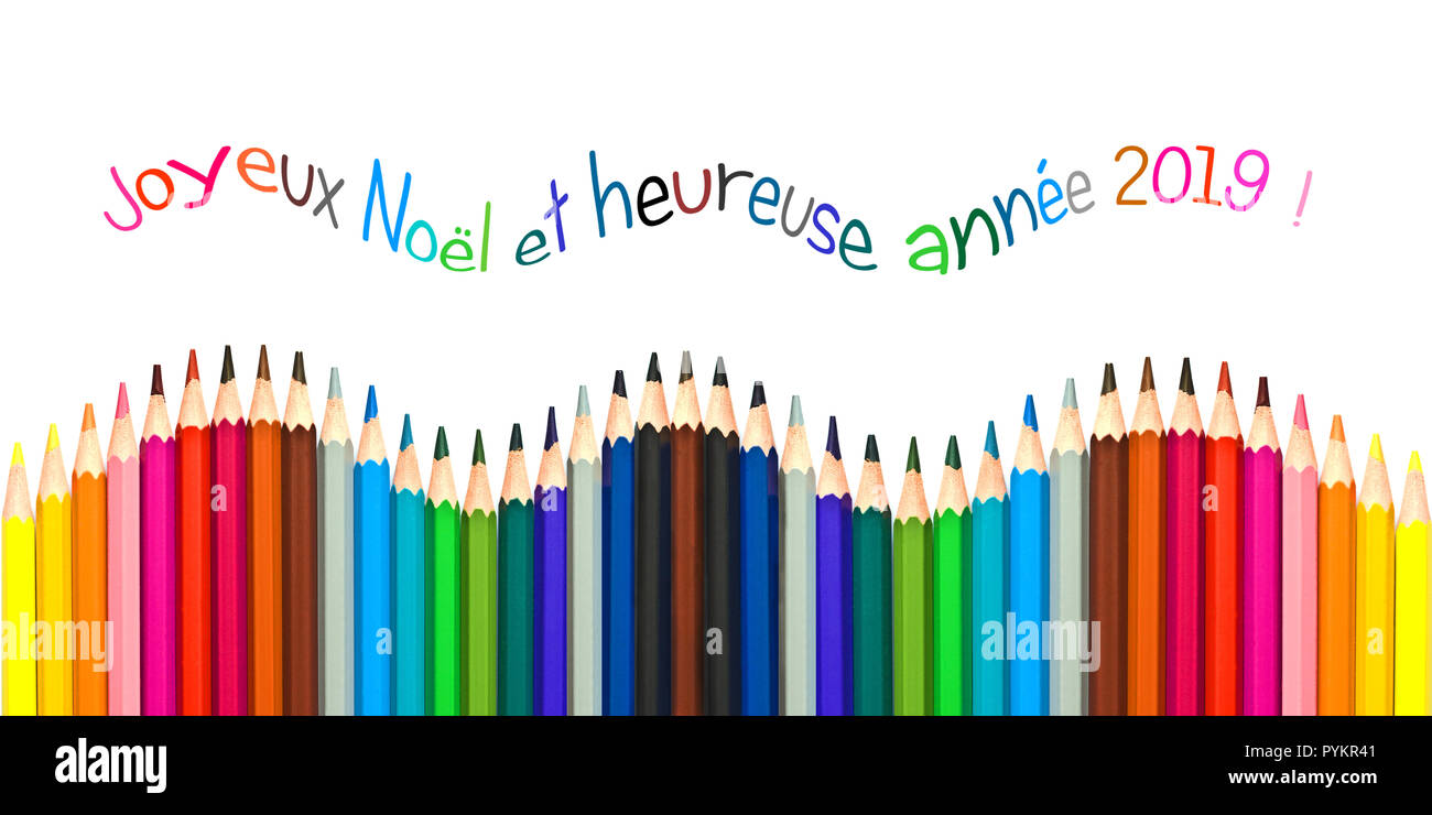 Carte de voeux avec texte français sens bonne année 2019, carte de voeux  crayons colorés isolé sur fond blanc Photo Stock - Alamy