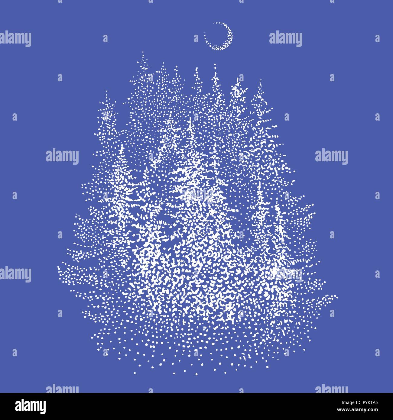 Forêt de sapins et lune croissante. Pointillé dessiné à la main ou dotwork sketchy style illustration graphique de couleur blanche. Winter Wonderland, symbole de la faune, de carte de vœux de Noël, la conception de logo. Illustration de Vecteur