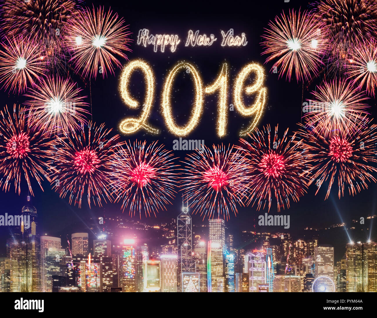 Bonne année 2019 firework of building at night time celebration,Happy New Year Countdown.carte de souhaits Banque D'Images