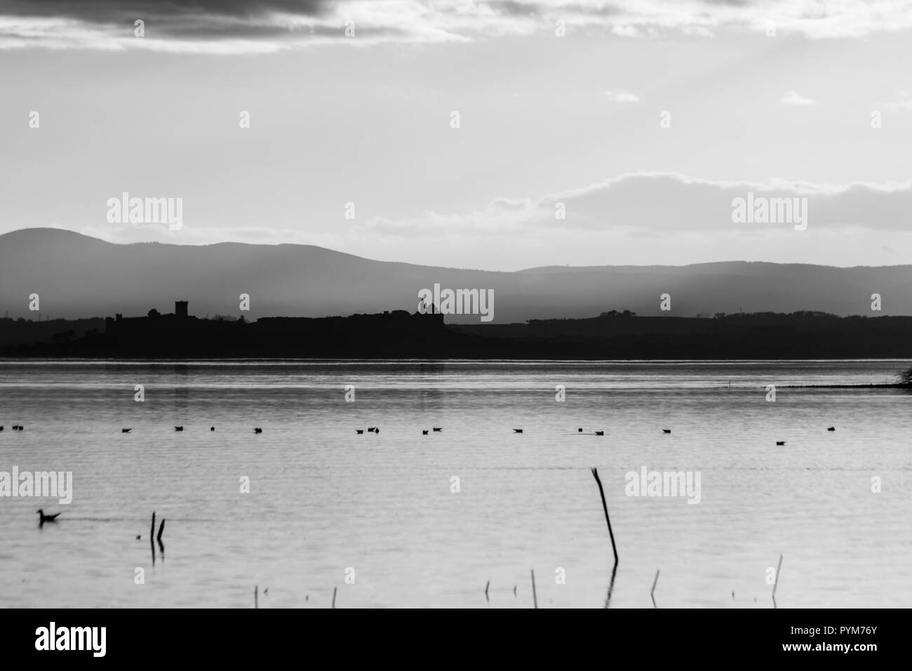Belle vue sur le lac Trasimène au coucher du soleil avec des oiseaux sur l'eau, arbres et Castiglione del Lago en arrière-plan Banque D'Images