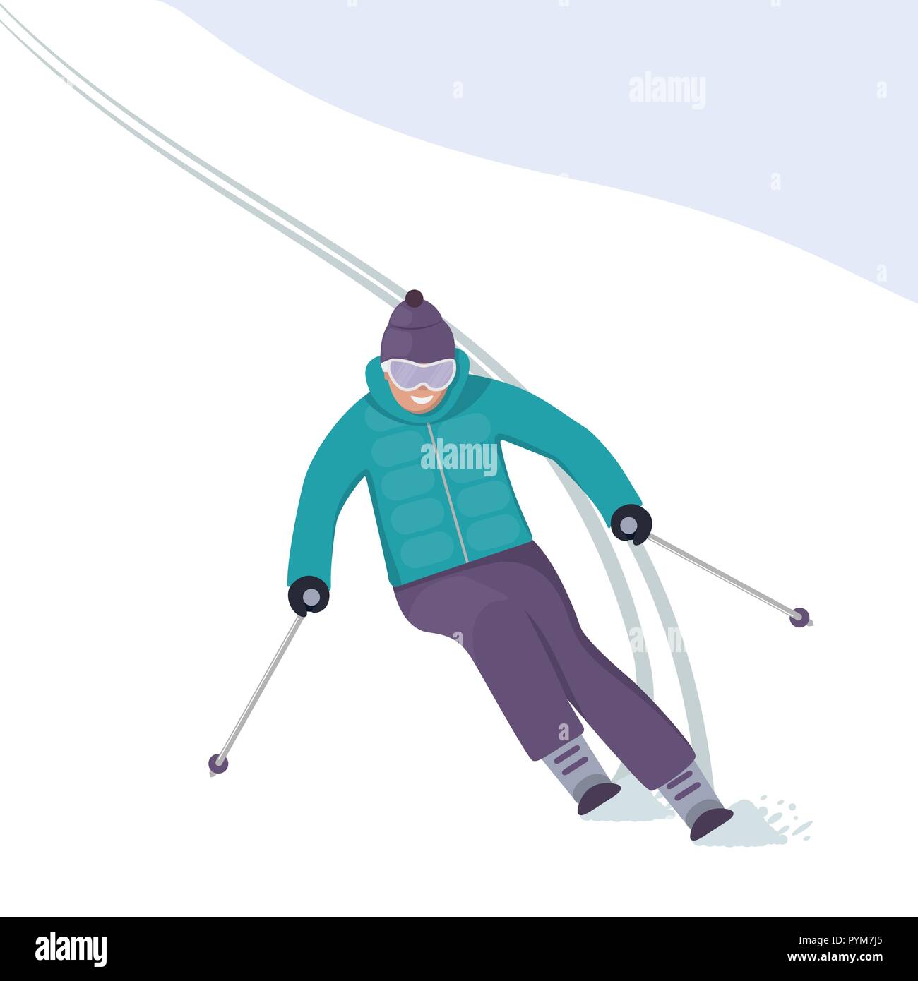 Le skieur s'engouffre dans la pente avec un sourire sur son visage. Vacances d'hiver dans les montagnes. Le ski alpin. Vector illustration style de télévision Illustration de Vecteur