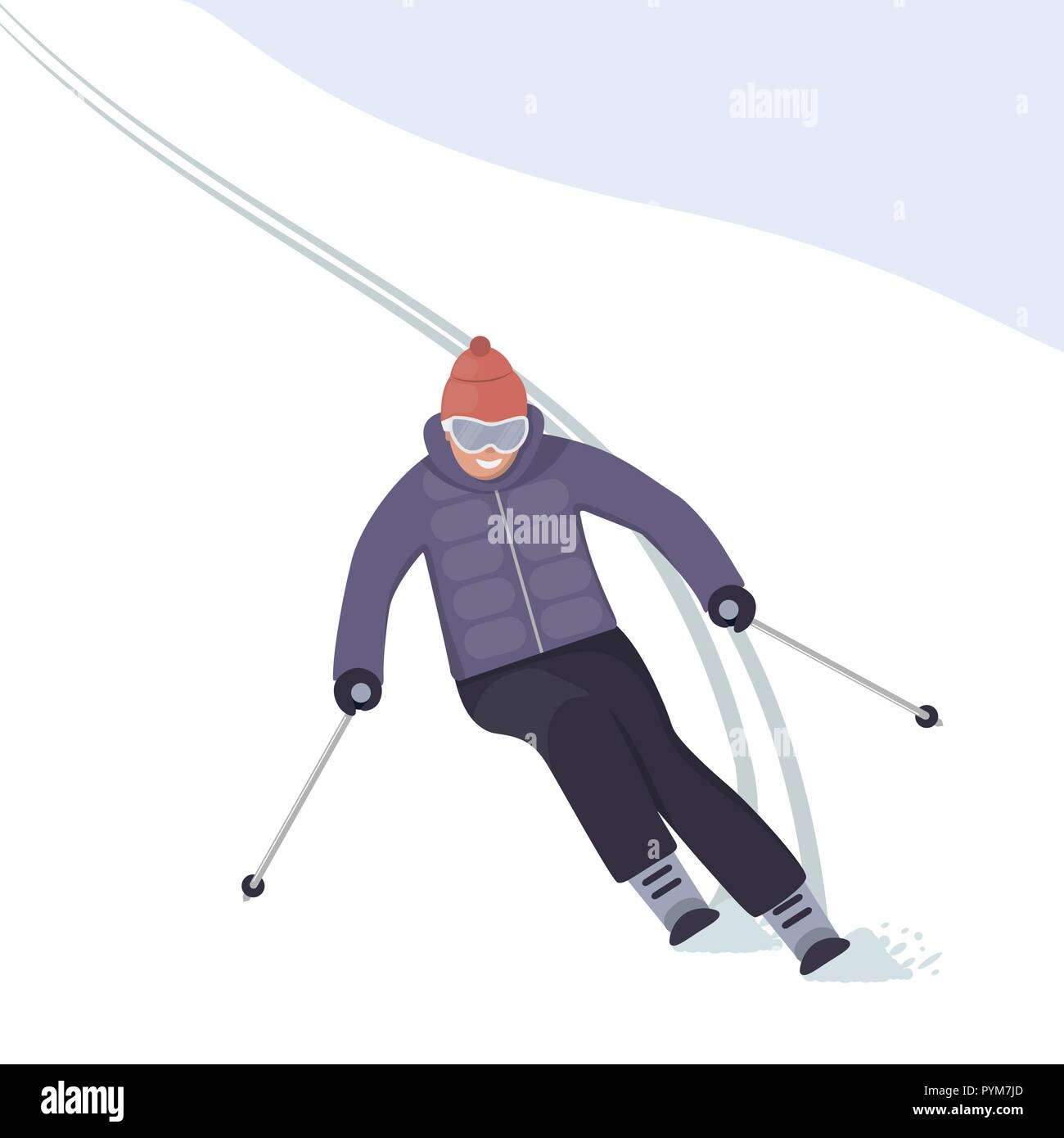 Le skieur s'engouffre dans la pente avec un sourire sur son visage. Vacances d'hiver dans les montagnes. Le ski alpin. Vector illustration style de télévision Illustration de Vecteur