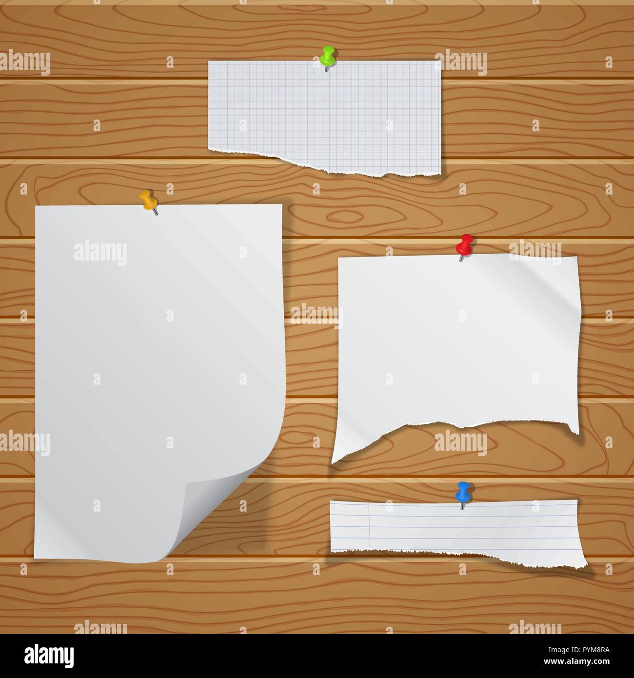 Un ensemble de l'approche fragmentaire, morceaux de papier froissé épinglée sur un mur de planches de bois. Le livre blanc, feuilles pliées dans le contexte de la texture à partir de Illustration de Vecteur