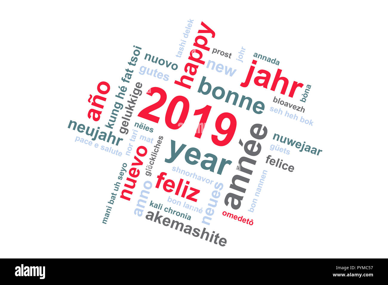 Nouvel an 2019 nuage de mots de texte multilingue carte de souhaits Banque D'Images