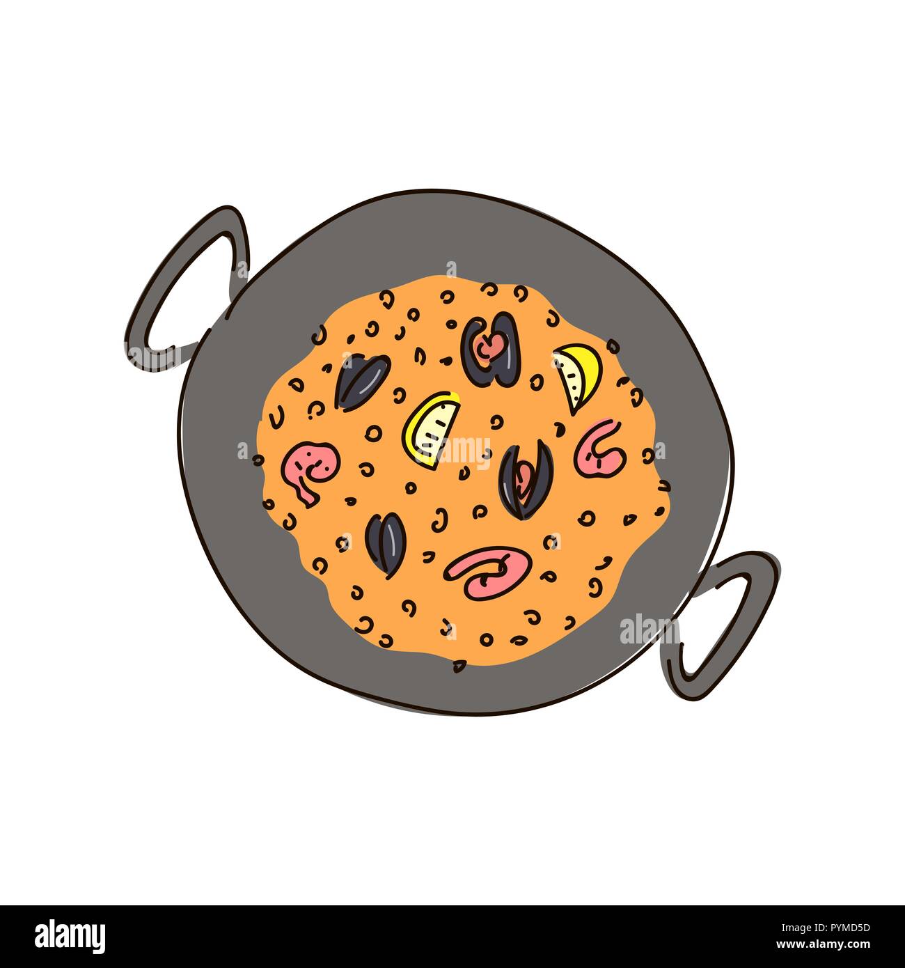 Au-dessus du plat de paella dans un pot contenant du riz et des légumes avec des fruits de mer. L'espace de copie. vector illustration Illustration de Vecteur