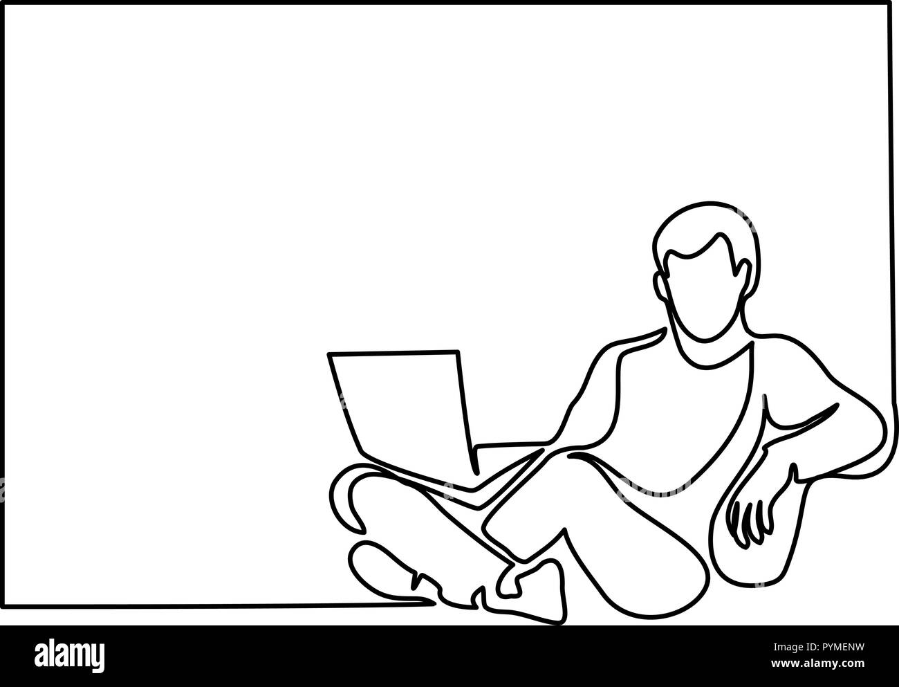 Dessin d'une ligne continue. Jeune homme se détendre dans un fauteuil, assis avec un ordinateur portable. Vector illustration Illustration de Vecteur