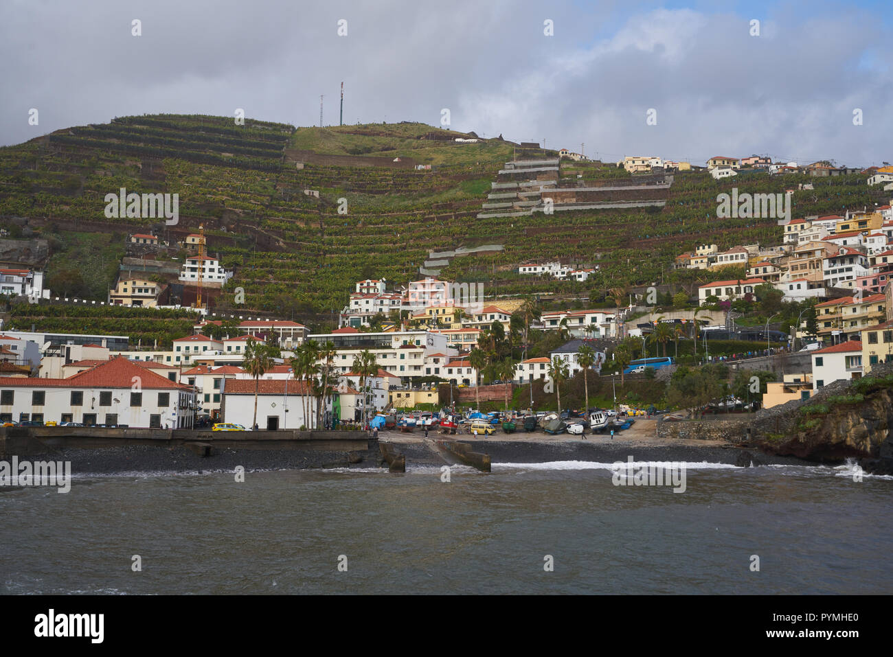 Pierre noire plage de Câmara de Lobos, Madère Banque D'Images