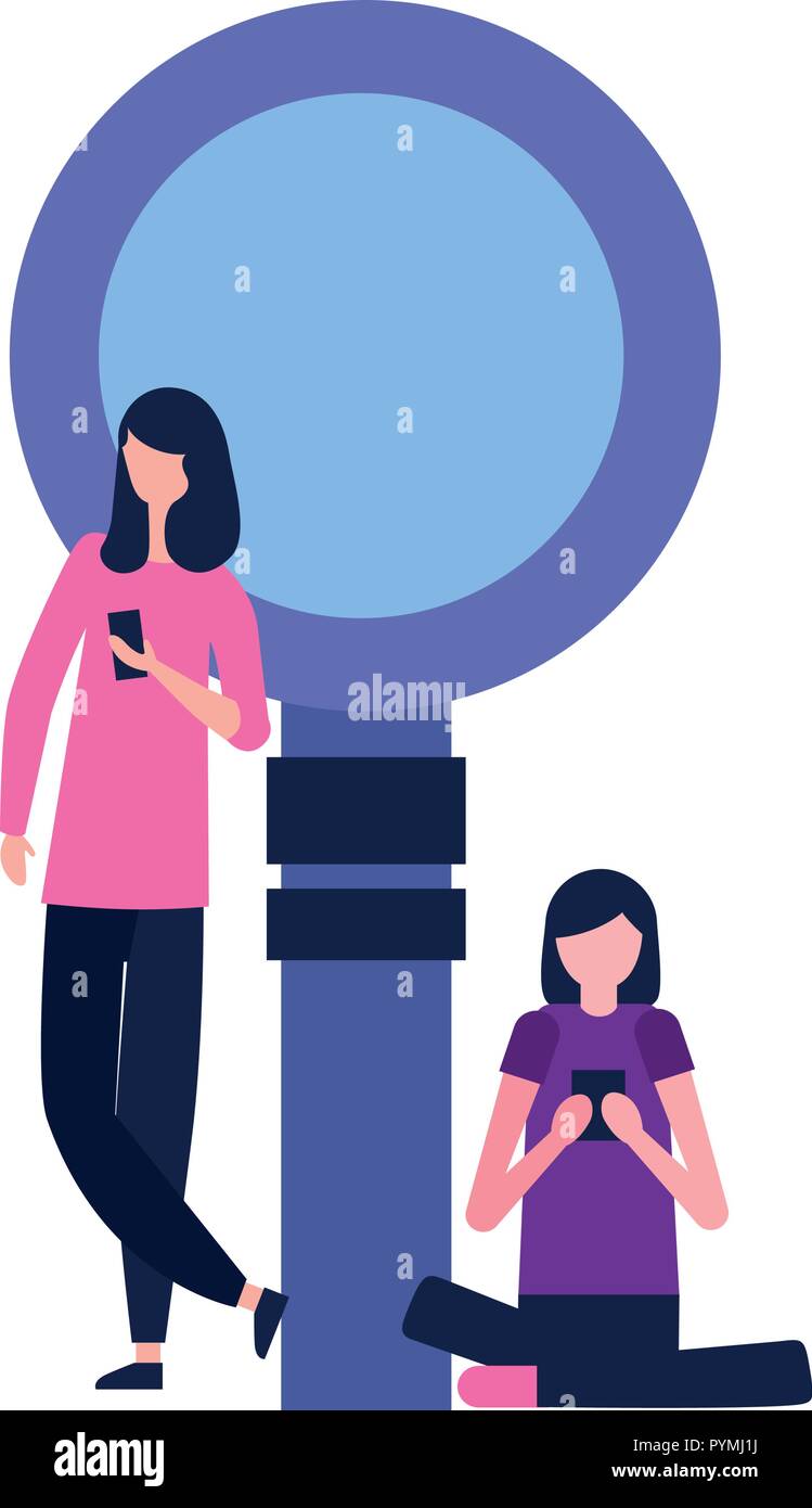 Les femmes avec le mobile et loupe Illustration de Vecteur